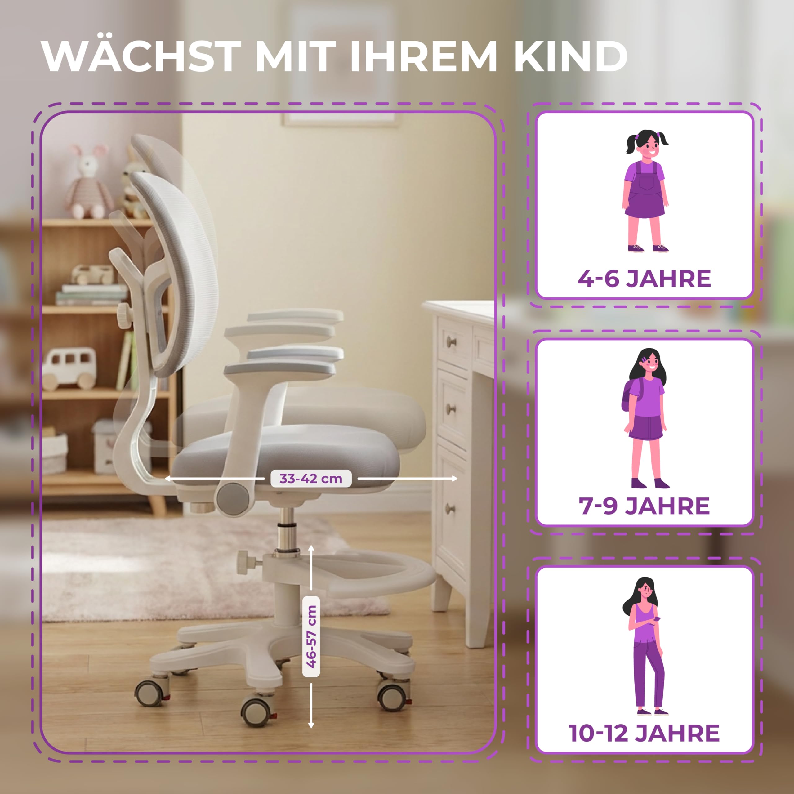 Spacetronik Schreibtischstuhl Kinder - Ergonomischer Kinderschreibtischstuhl mit 6 Rollen, Verstellbaren Armlehnen, Fußstütze, Höhenverstellbarem Sitz - 4-15 Jahre