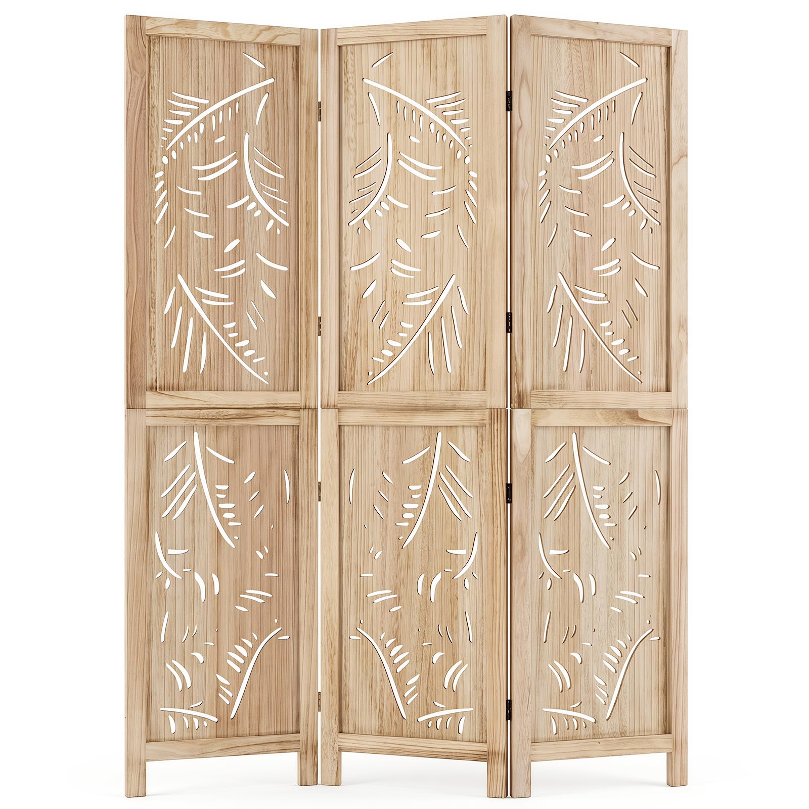 GIANTEX 3 Panel Boho Room Divider with Carved Palm Leaf Pattern