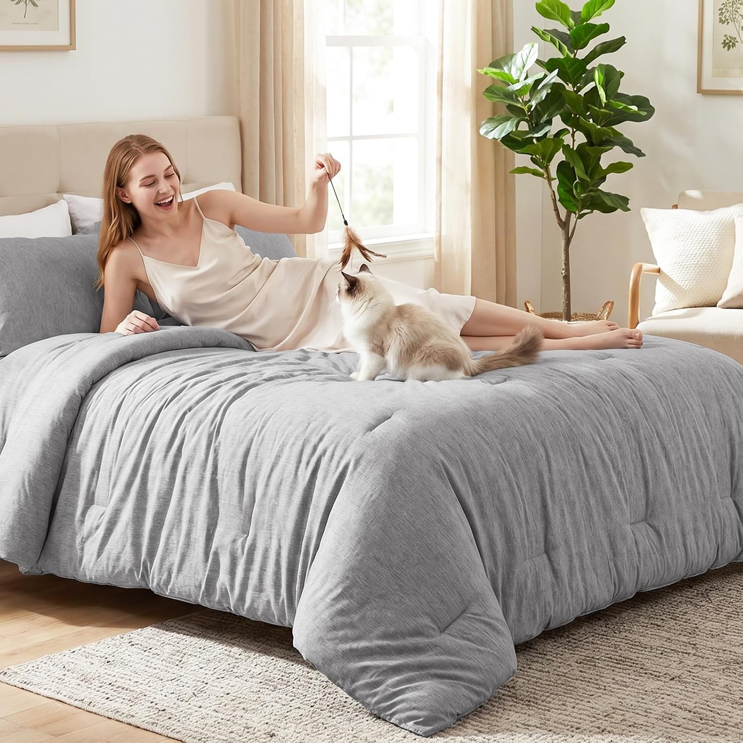 CozyLux Twin/Twin XL Comforter Set College Dorm Essentials, 2 Pieces Heathered Light Grey Twin Comforter for College, Gray Bedding Set with 1 Comforter and 1 Pillow Sham, Back to School Bed Set Gift