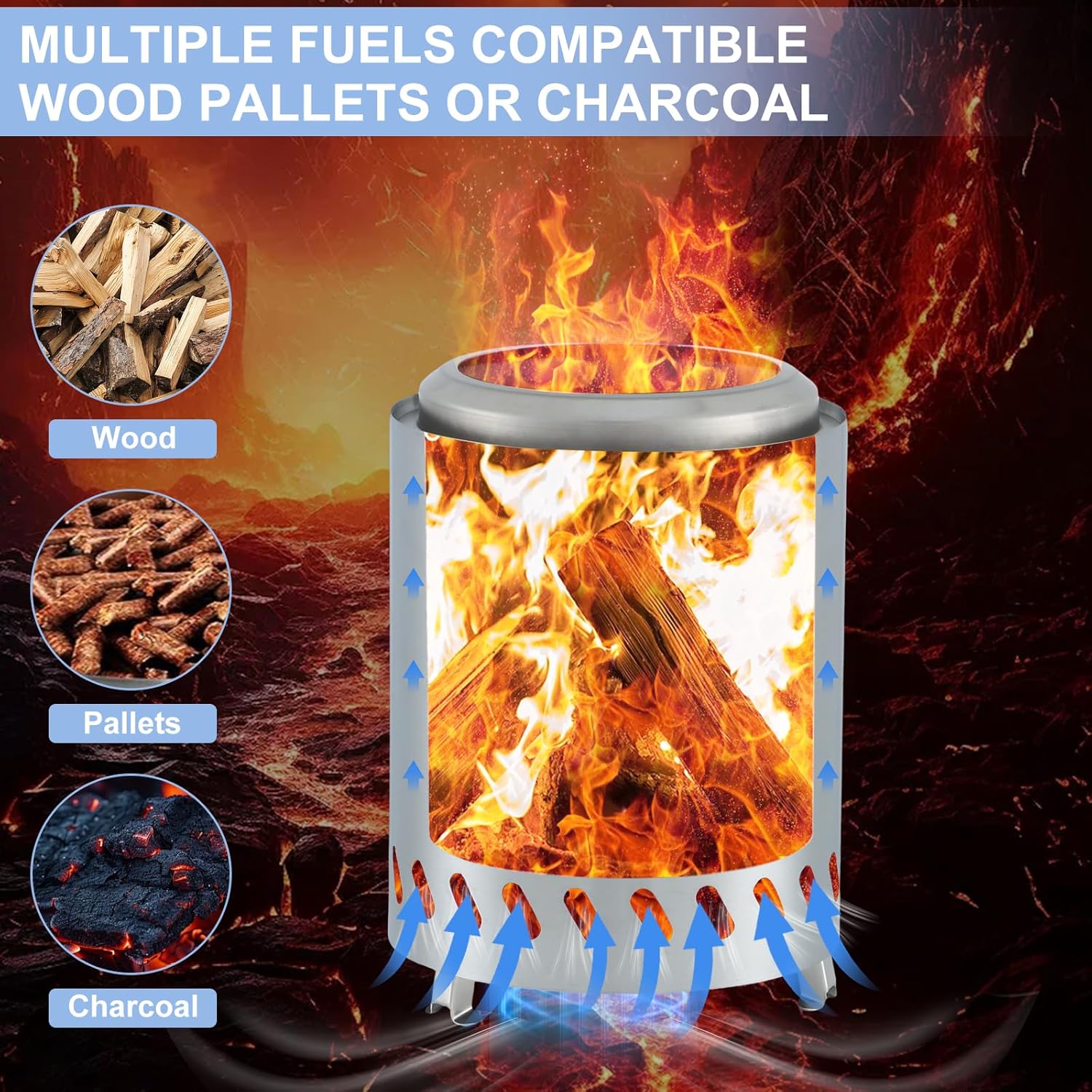 Nice C Fire Pits, 7.1 Inch Smokeless Fire Pits, Portable Fire Pit, Outdoor Fire Pit, Tabletop Fire Pit, Wood Buring Fireplaces, Stainless Steel, with Grill Grate, Removable Ash Tray & Carry Bag