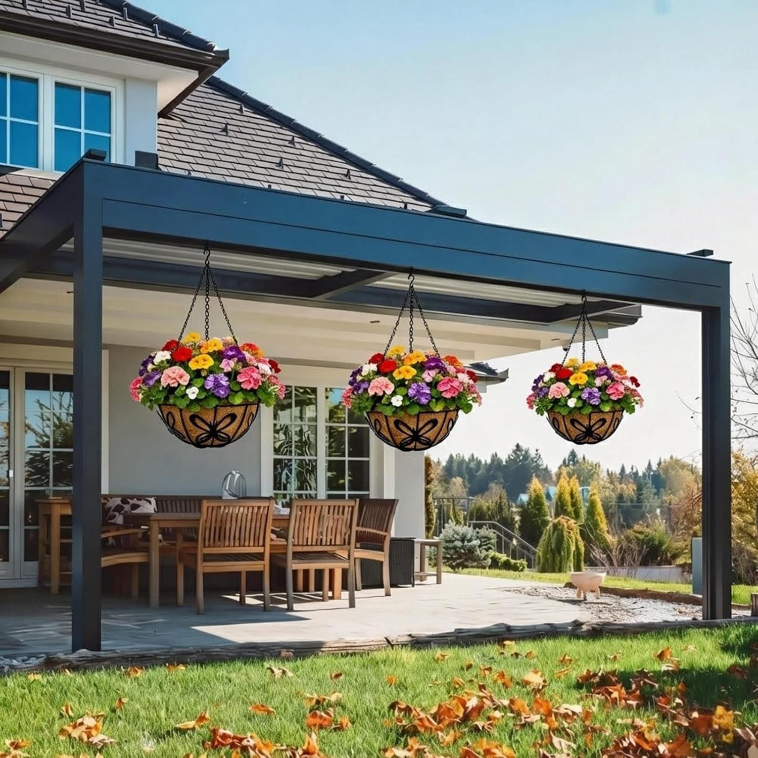 14 Inch Hanging Baskets for Plants Outdoor, 3 Pack Metal Wire Hanging Planters with Coco Coir Liners, Rust-Resistant Flower Basket with Chains & Hooks for Garden Patio Porch Deck Balcony