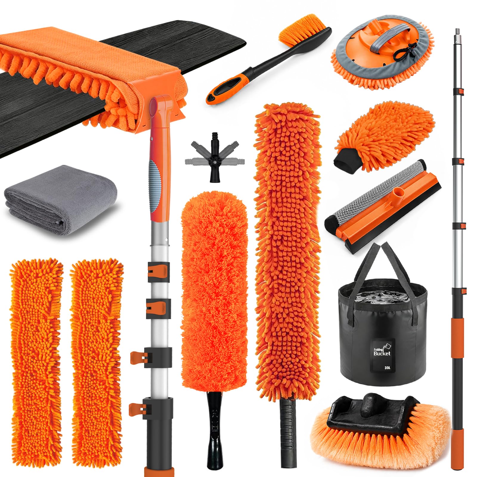 LAANPOLE 6m Deckenventilator Staubwedel & 3,6m Auto Waschbürste Set mit Eimer – Teleskop-Staubwedel waschbar für Decken, Ventilatoren, Lücken + Autowaschbürste mit Fensterputzer, Mopp, Mitt, Radbürste