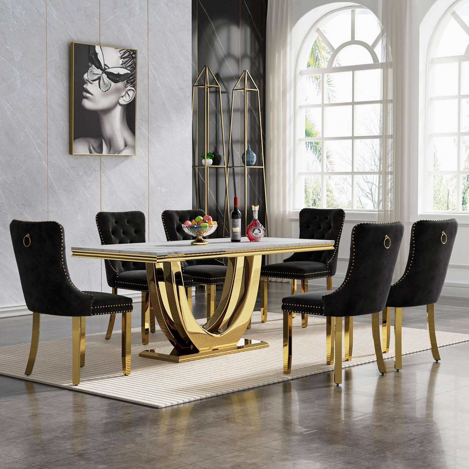 HomVent 68.11'' Morden Faux Marble Dining Room Table Set,Faux Marble Kitchen Dining Table Set for 6, 7 Piece Rectangle Marble Dining Table Set &6 Dining Chairs
