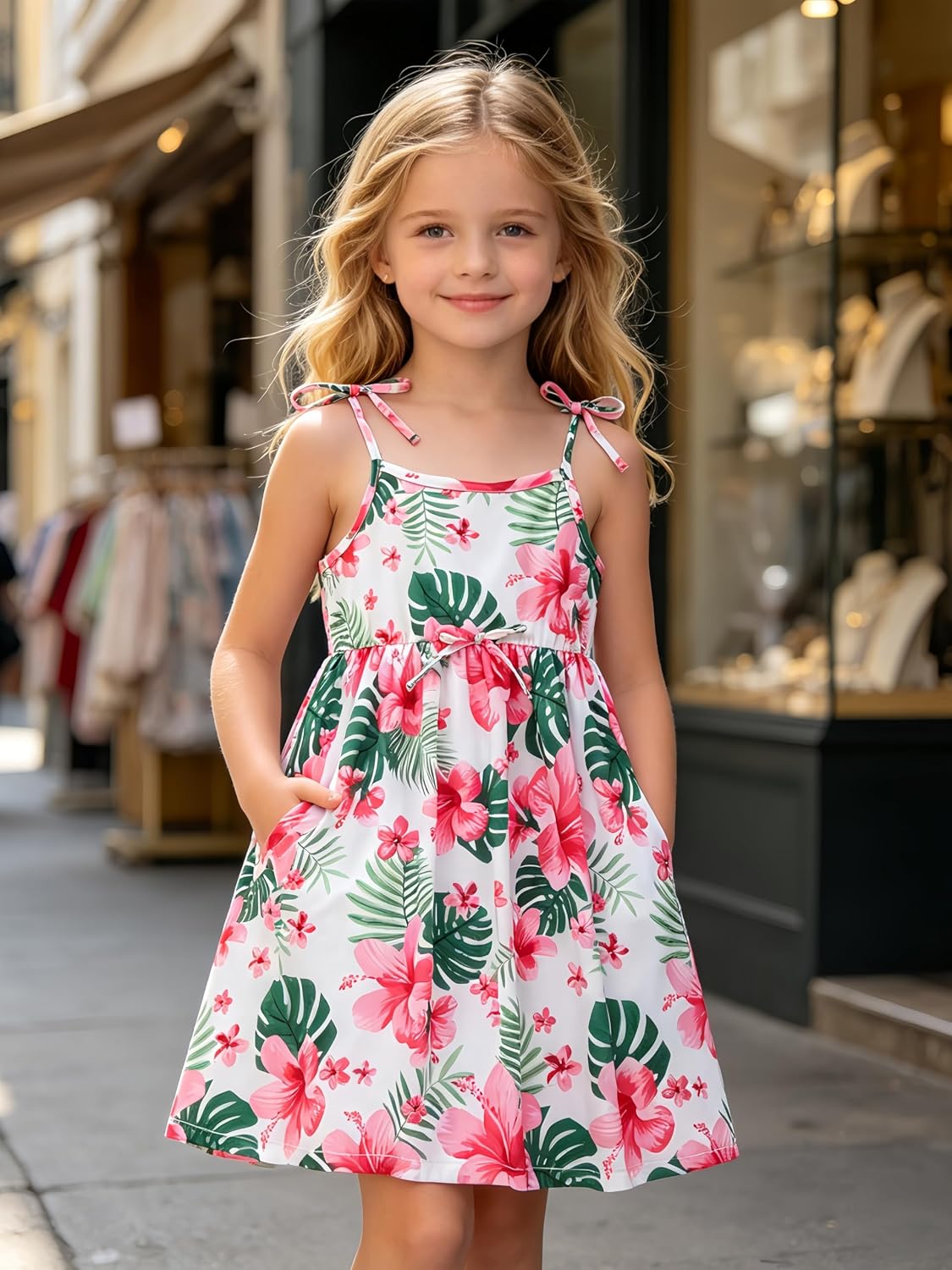 Girls Summer Hawaiian Dress Kids Floral Beach Sundress, Adjustable Strap A-Line Smocked Tropical Outfits 5-8 Years