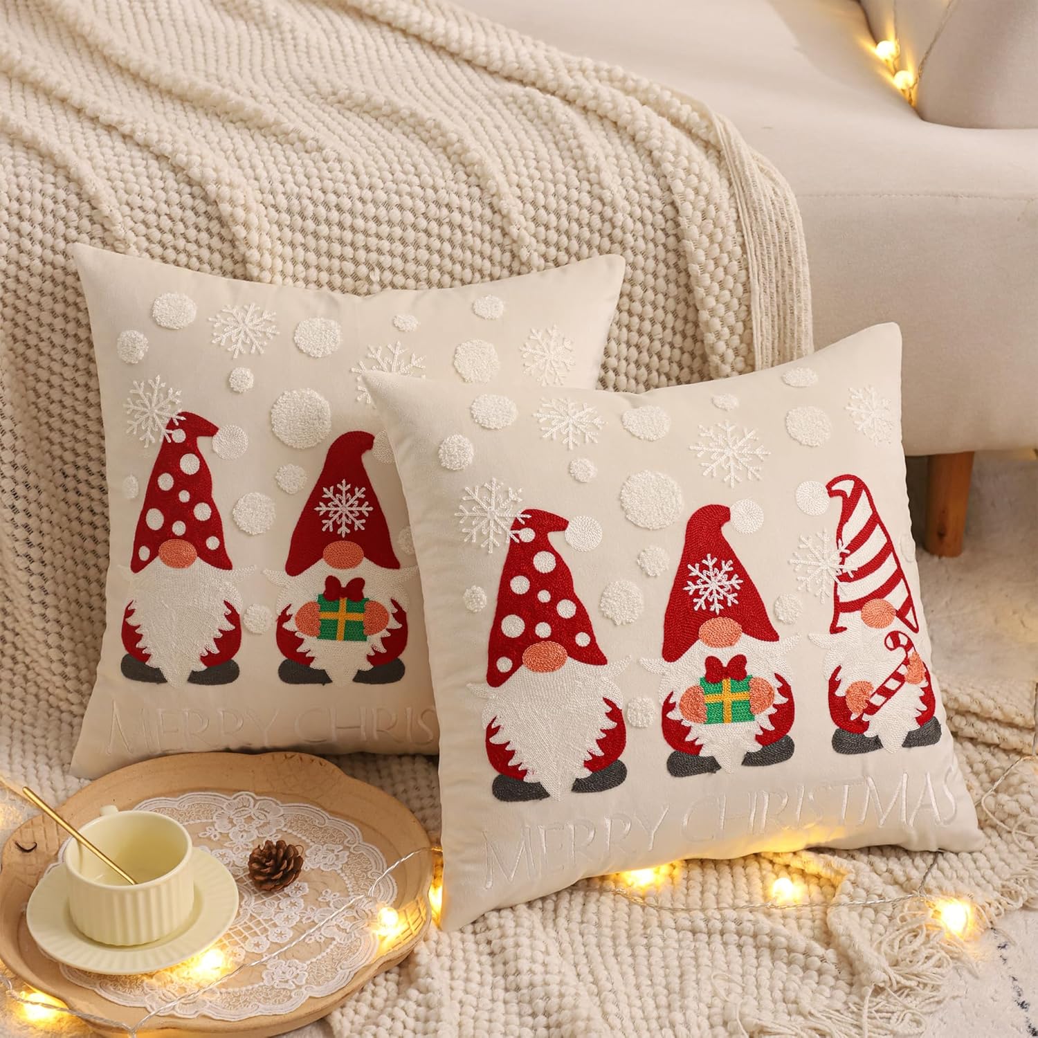 Christmas Throw Pillow Cover 18 x 18 inch Set of 2 Beige Gnome with Snowflake Velvet Pillow Case Merry Xmas Party Decor Pillowcase Winter Holiday Cushion Case