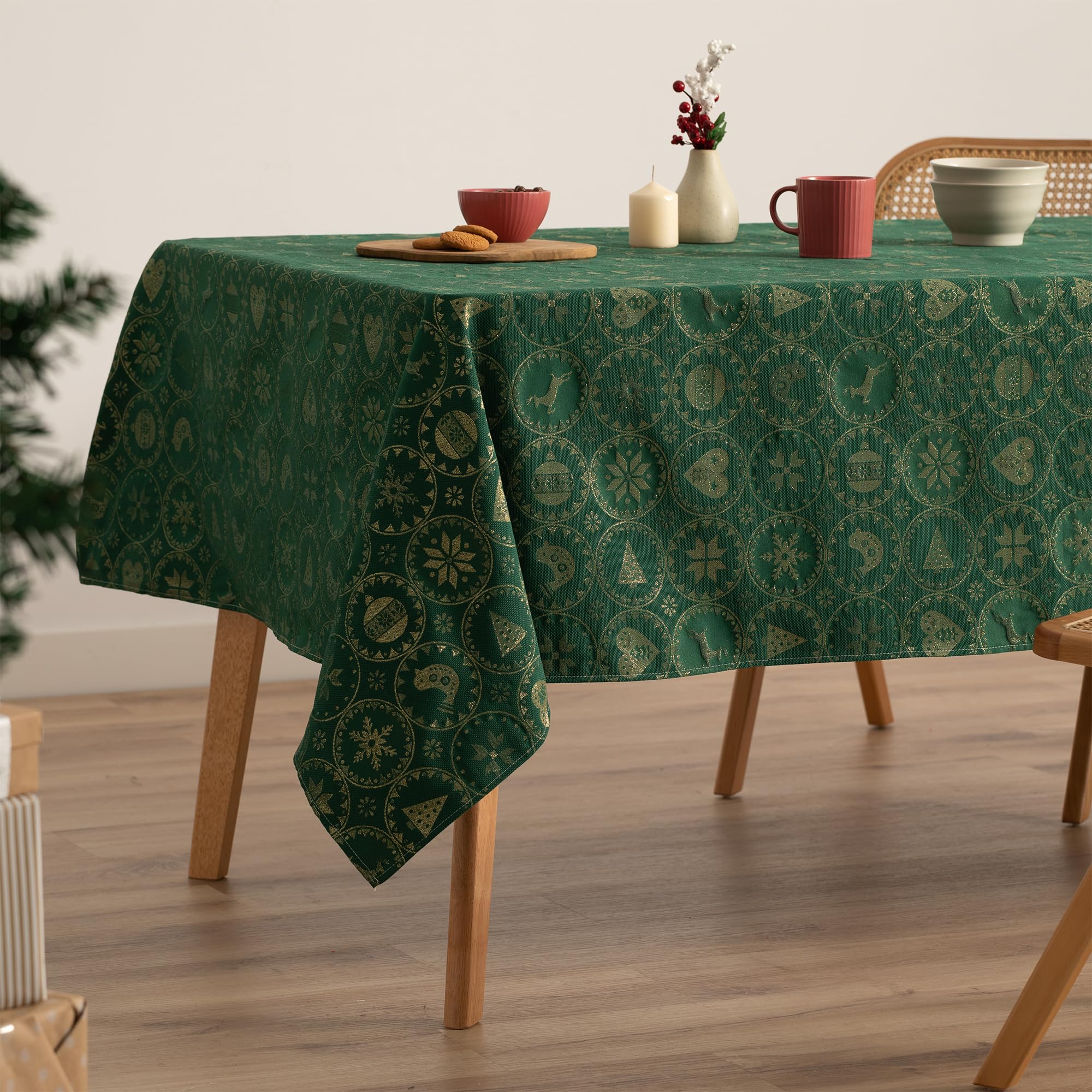 GAMUSI Mantel Navidad Jacquard Hilo Dorado Mesa Comedor Rectangular Decoración Navideña 140x100 cm Color Verde