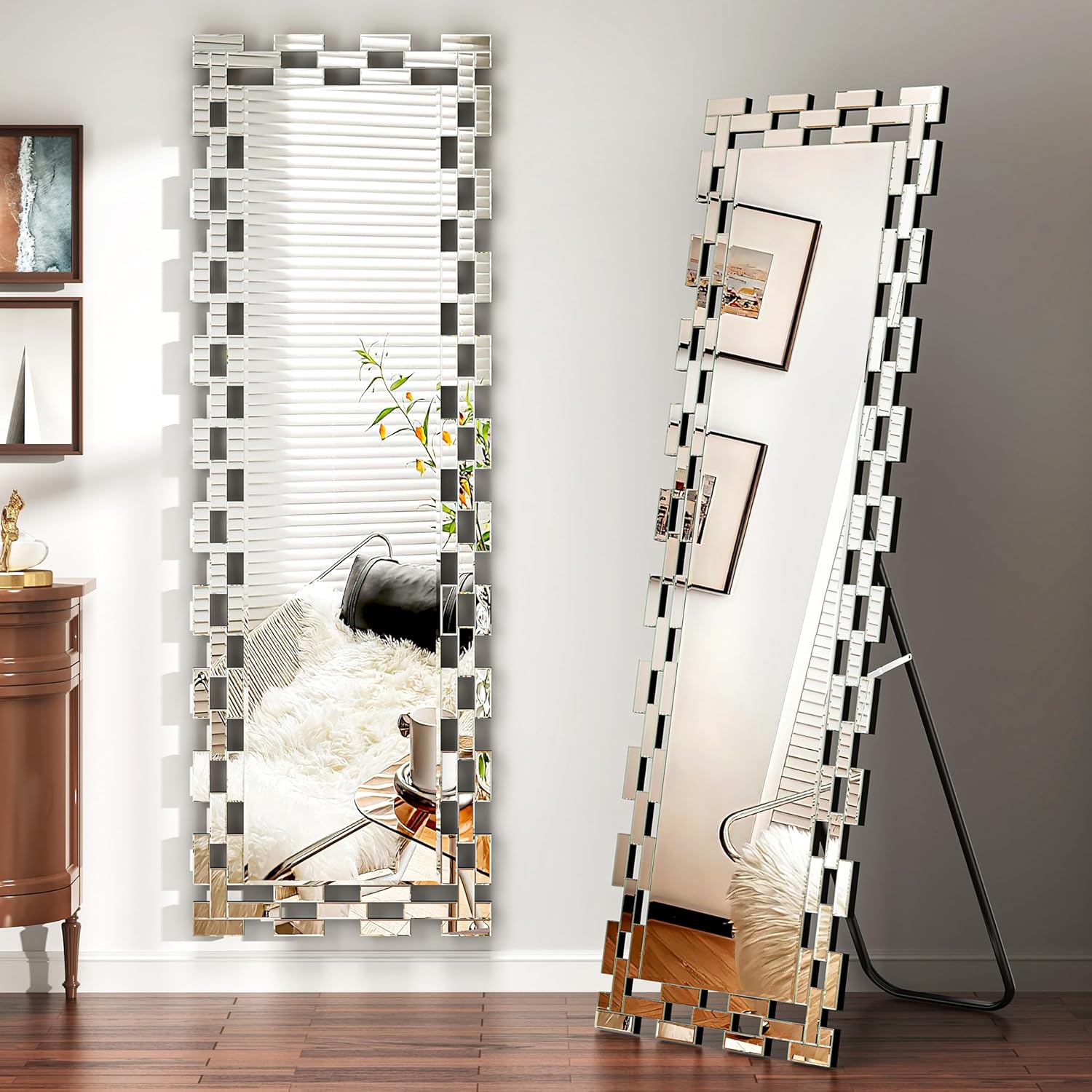 KOHROS Full Length Mirror 63" x 21" Full Length Mirror with Stand Hanging or Leaning Rectangular Wall Mirror Silver Large Mirror for Living Room Bedroom 63.5"L x 21.5"W Hollow Edge Silver