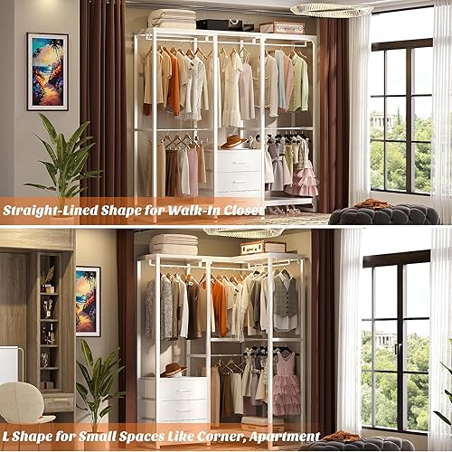 Miniatura 2 de Aheaplus Perchero resistente para colgar ropa, estante de ropa con cajones, estante de madera para armario independiente, organizador de sistema de