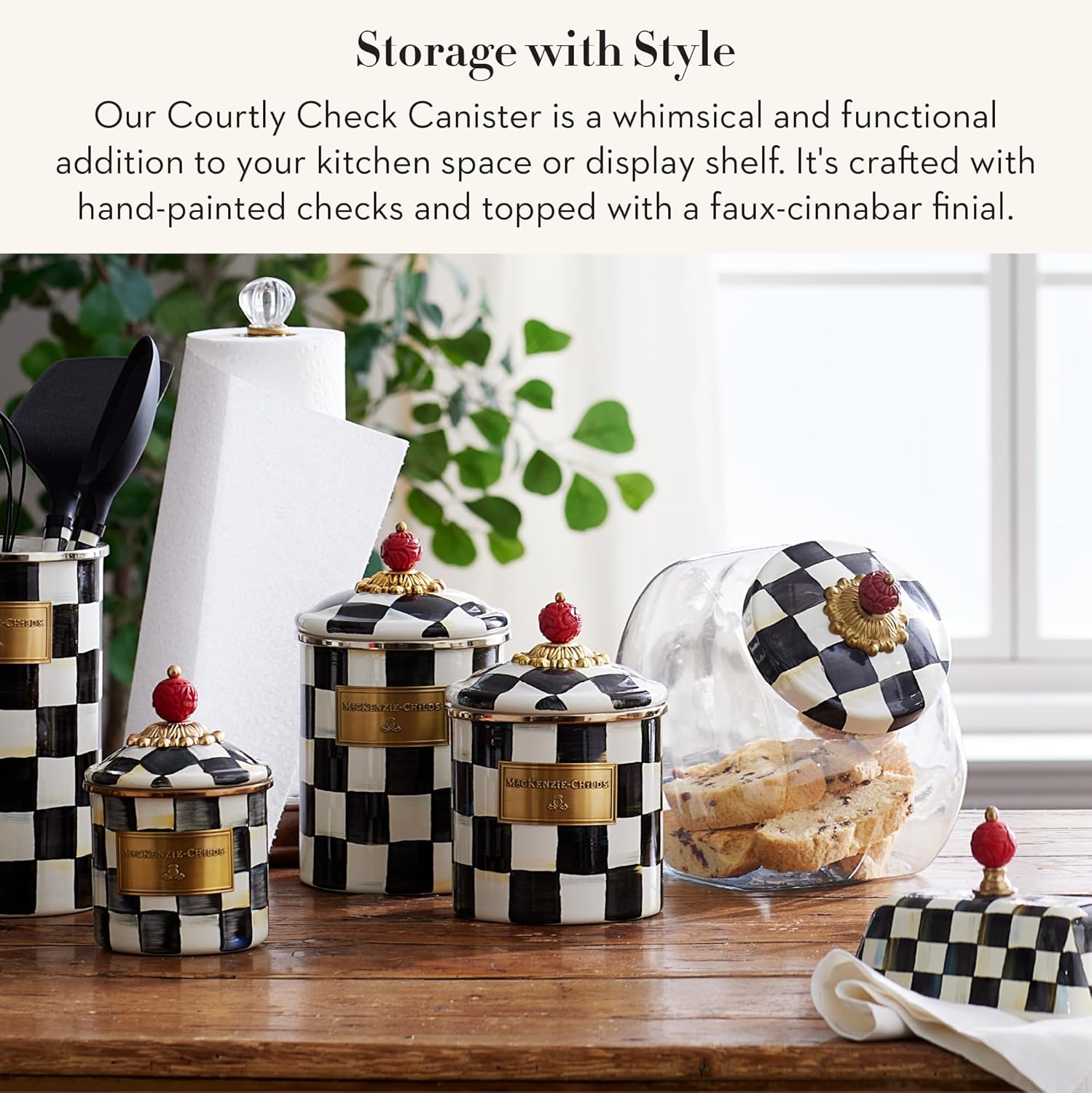 MACKENZIE-CHILDS Medium Enamel Canister, Kitchen Storage Container for Flour and Sugar, 1.42 Liters, Black-and-White Courtly Check