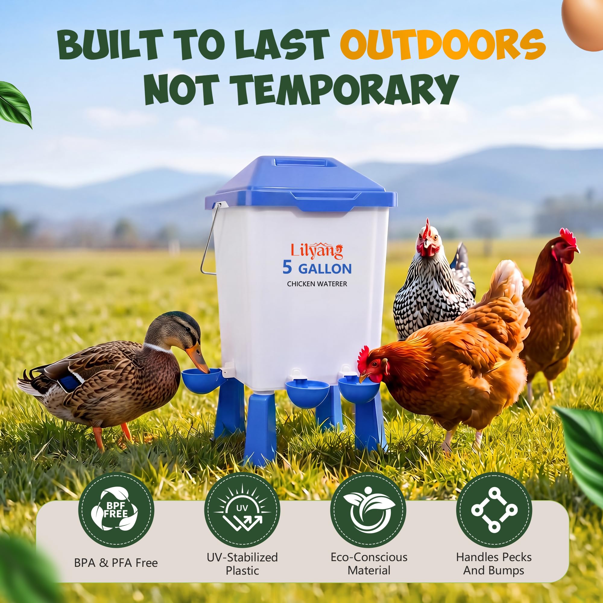 Lilyang Juego de comedero y bebedero grande de 5 galones, alimentador automático sin residuos, dispensador de agua elevado con patas, puertos antiderrames y tazas a prueba de fugas, alimenta pollos y