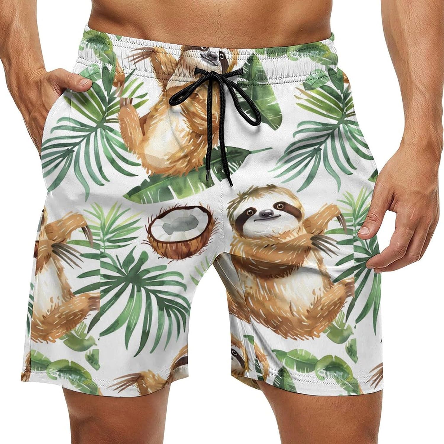 Cute Sloth Coconut Palm Leaves Casual Men's Swim Trunks Novelty Summer Beach Shorts Swimwear with Pocket