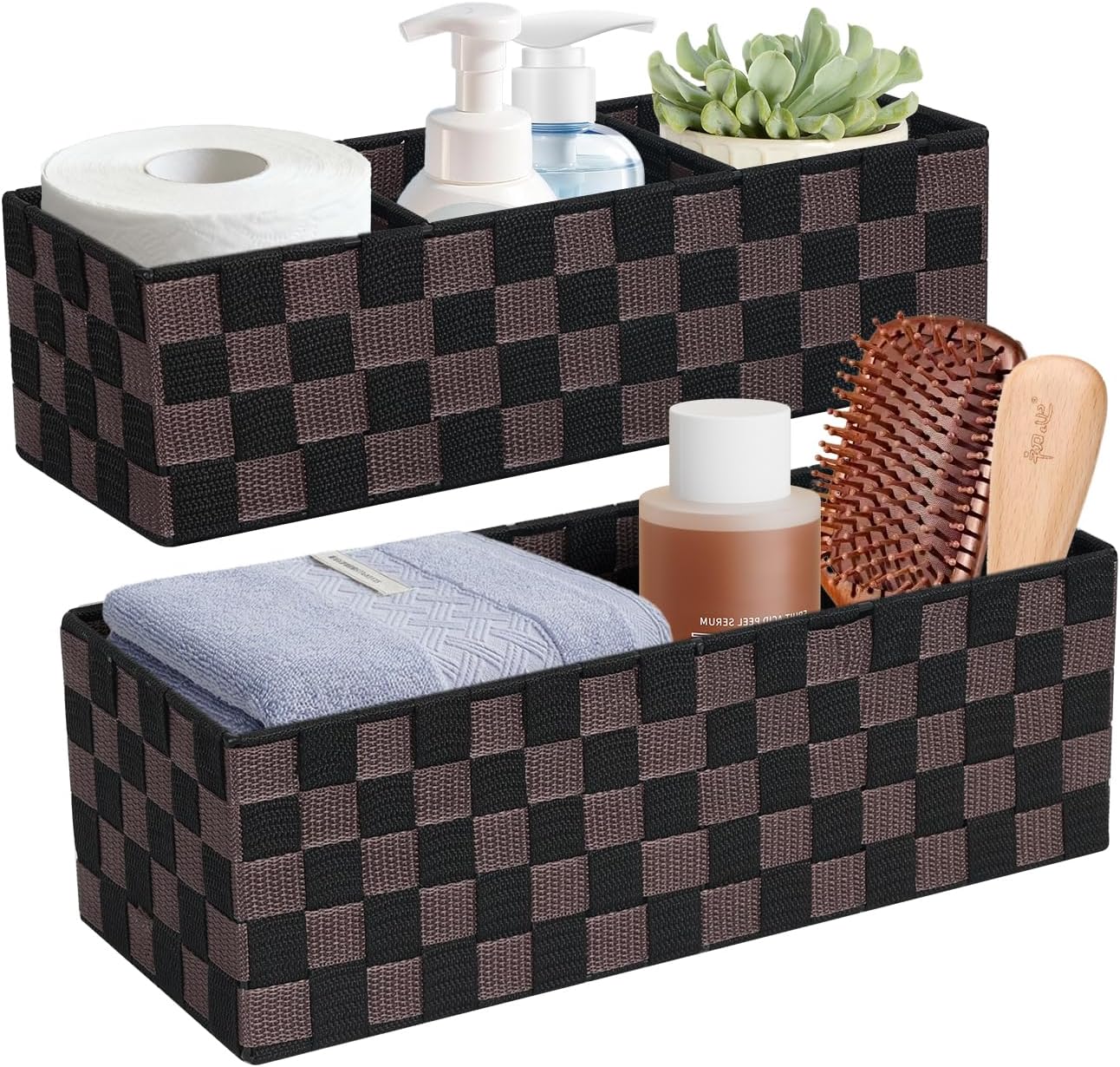 2-Pack Checker Pattern Woven Bins, 16” Ribbon Metal Wire Desk Organizer, Drawer Dresser Baskets, Countertop Toilet Paper Storage Containers (Black & Brown)