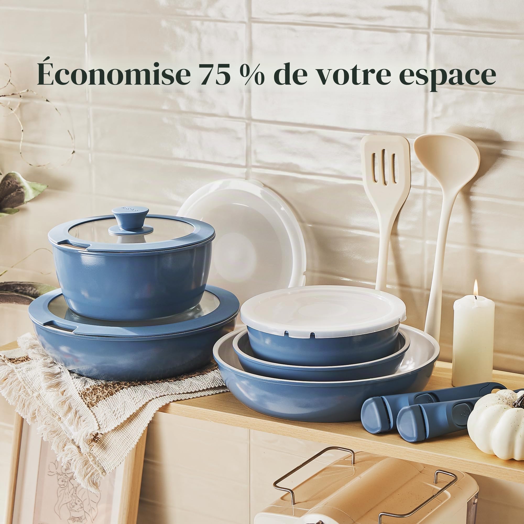 Redchef Ensemble de casseroles et poêles antiadhésives en céramique 16 pièces avec poignée amovible, batterie de cuisine non toxique, sans PFAS PFOA et PTFE, pour camping, passe au lave-vaisselle et