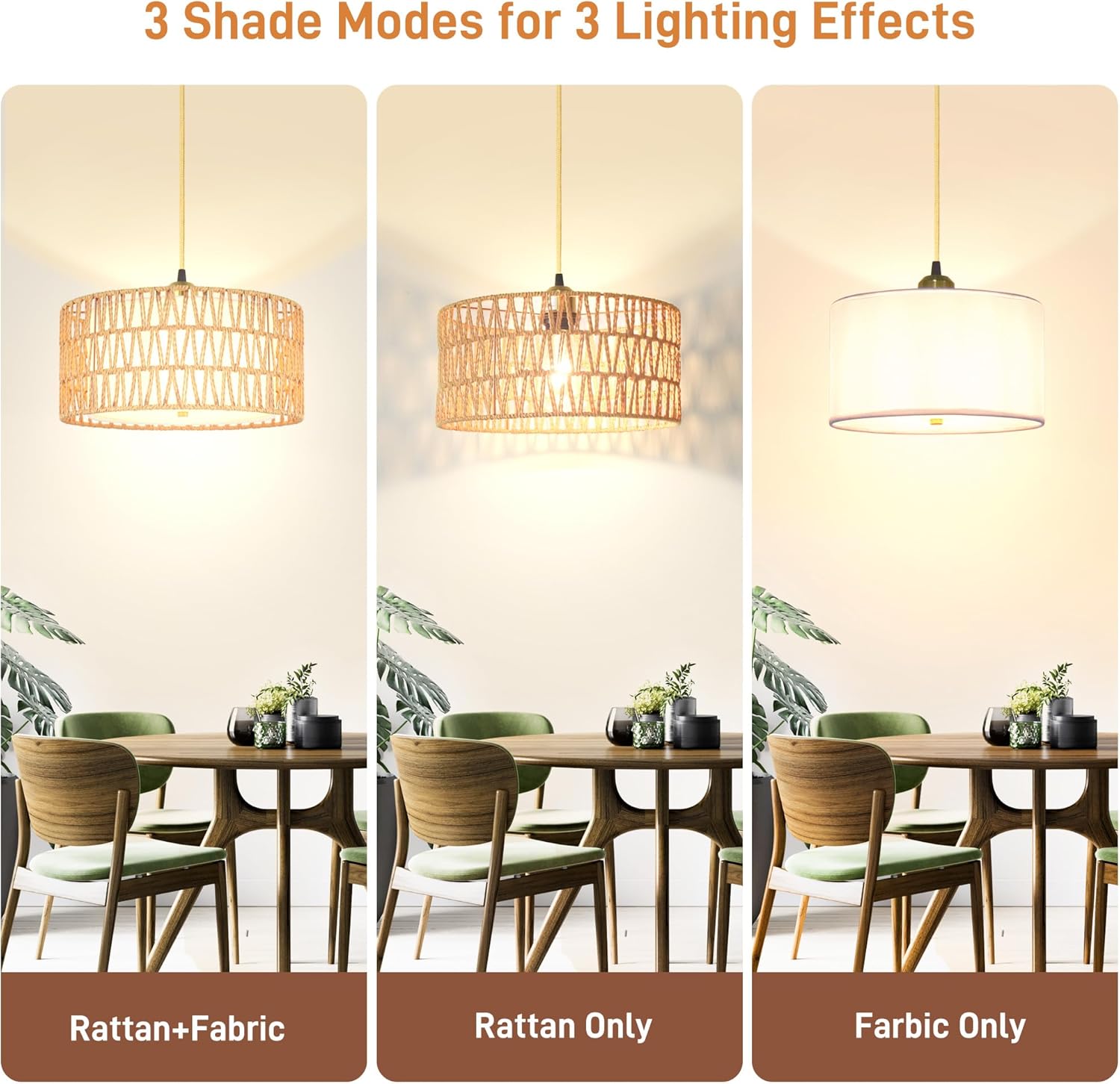 13'' Gold Plug in Pendant Light, Boho Dimmable Hanging Lamp with Rotary Dimmer Switch & 15ft Cord, Rattan & Fabric 2-in-1 Shade, Farmhouse Pendant Lights Kitchen Island Living Room Bedroom, ETL Listed