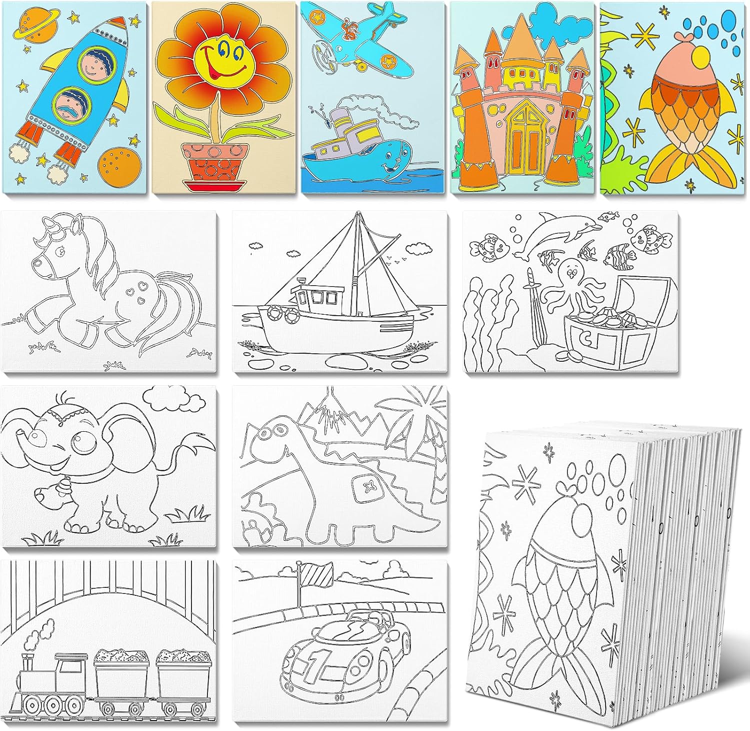 Fulmoon 48 Pcs Pre Drawn Canvas for Painting for Kids Adults Preprinted Bulk 7.8 x 5.8 Inch Pre-Stenciled Painting Canvas Panels for DIY School Gift Classroom Party Favor Activities, 12 Style