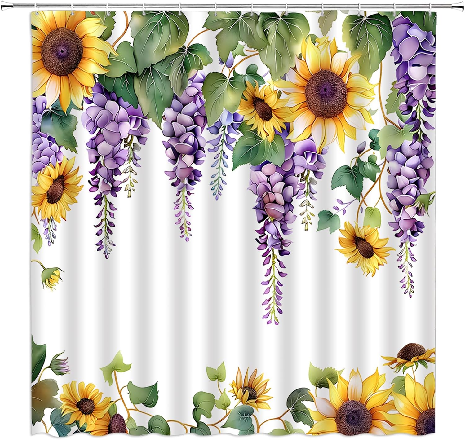 Sunflower Wisteria Floral Extra Long Shower Curtain,Yellow Purple Flower Weeping Vine Green Leaf Leaves Wildflower Watercolor Bathroom Home Curtain Decor with Hooks,70x84 Inch
