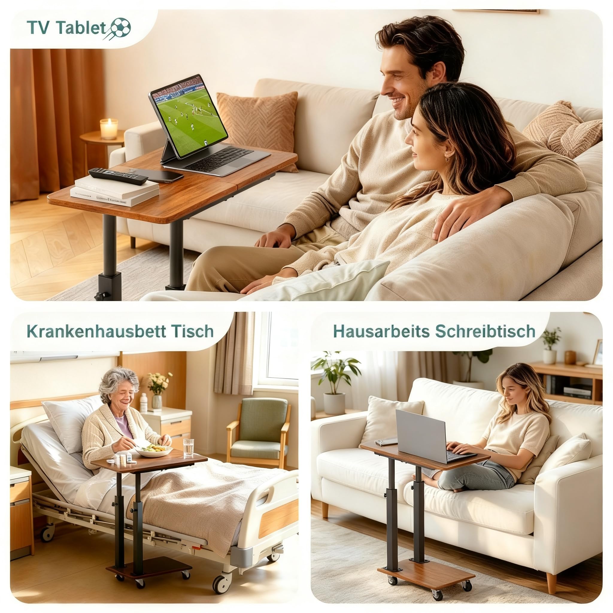 MISSLO Beistelltisch Couch Höhenverstellbar mit Rollen, Couchtisch C Form