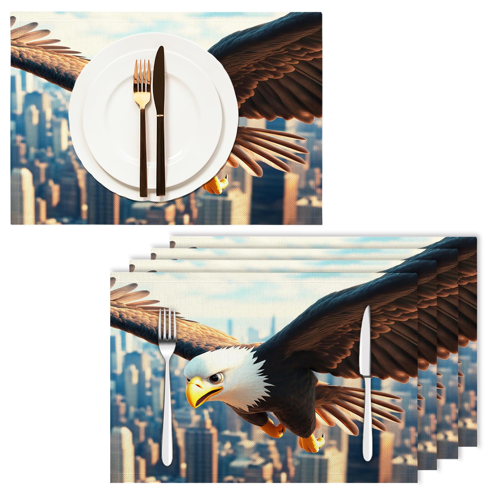 Set di 8 Tovagliette Americane Lavabili Cotone Lino Animali dei cartoni animati - Tovaglietta Americana Stoffa Resistenti al Calore Durevole Città dell'Aquila- per Colazione Pranzo