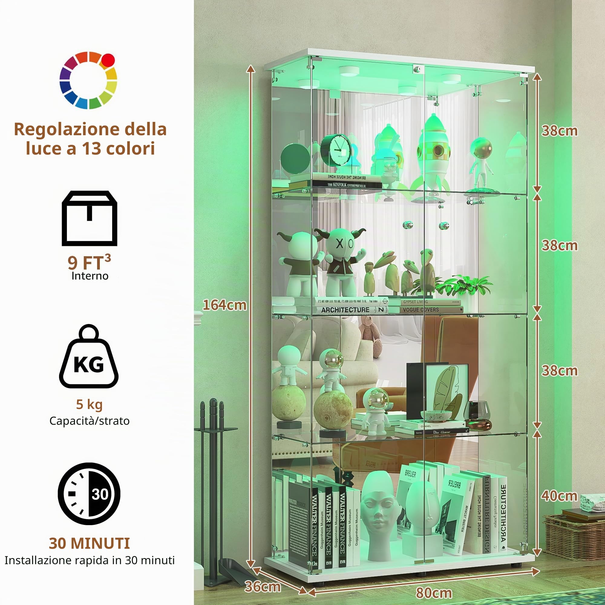 Vetrina in vetro con LED, armadio vetrina da collezione, 2 ante a serratura, 4 ripiani e fondo specchio, 164 x 80,5 x 36,5 cm, bianco