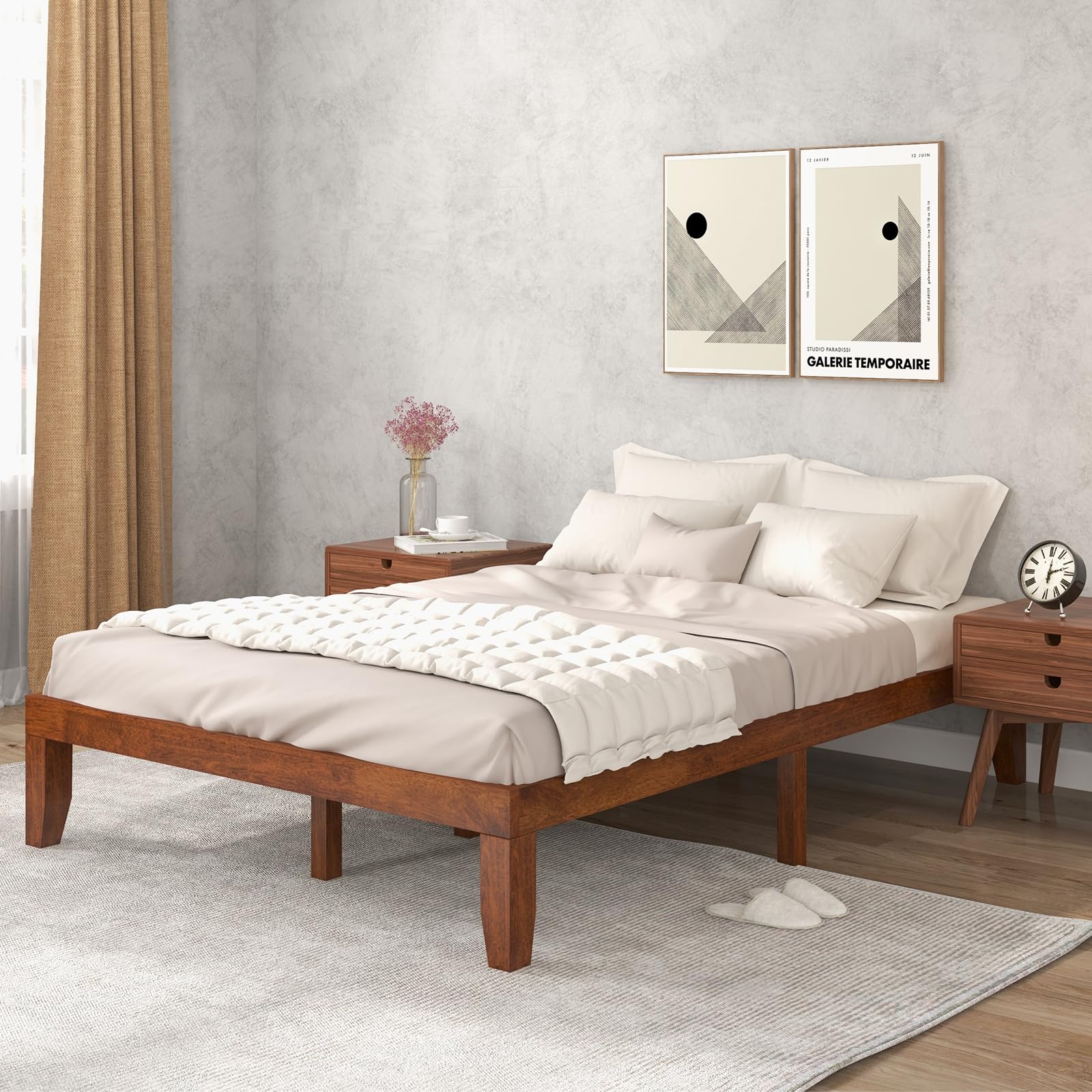 COSTWAY Wood Platform Bed Frame, 14 Inches Solid Rubber Wood Bed Mattress Foundation with Sturdy Slats Support, Easy Assembly Bed Frame for Home Hotel