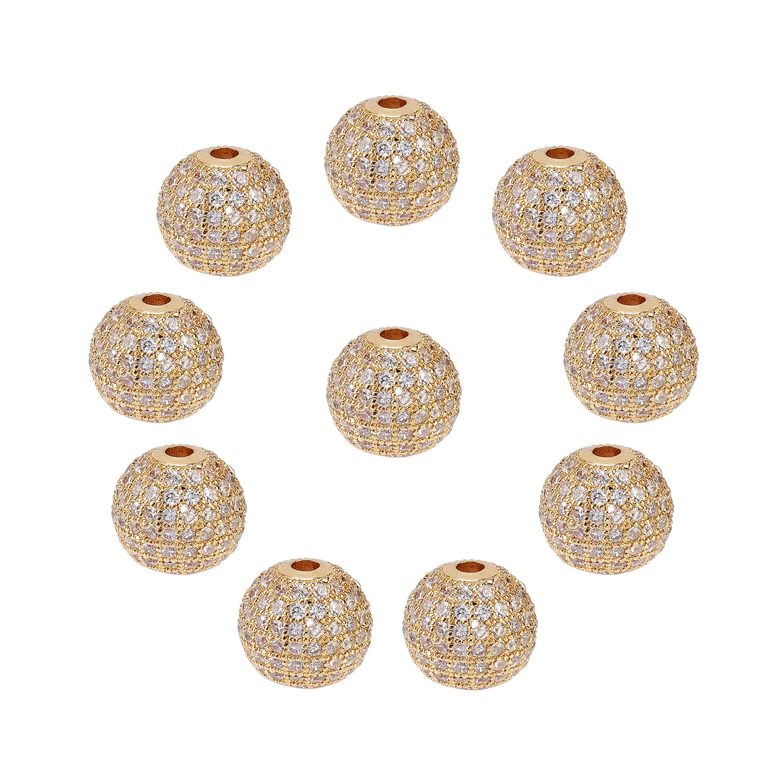 10 Pcs 12mm Brass Cubic Zirconia Beads, Clear Crystal Cubic Zirconia Micro Pave Disco Ball Beads Brass Round Loose Beads for Jewelry Making