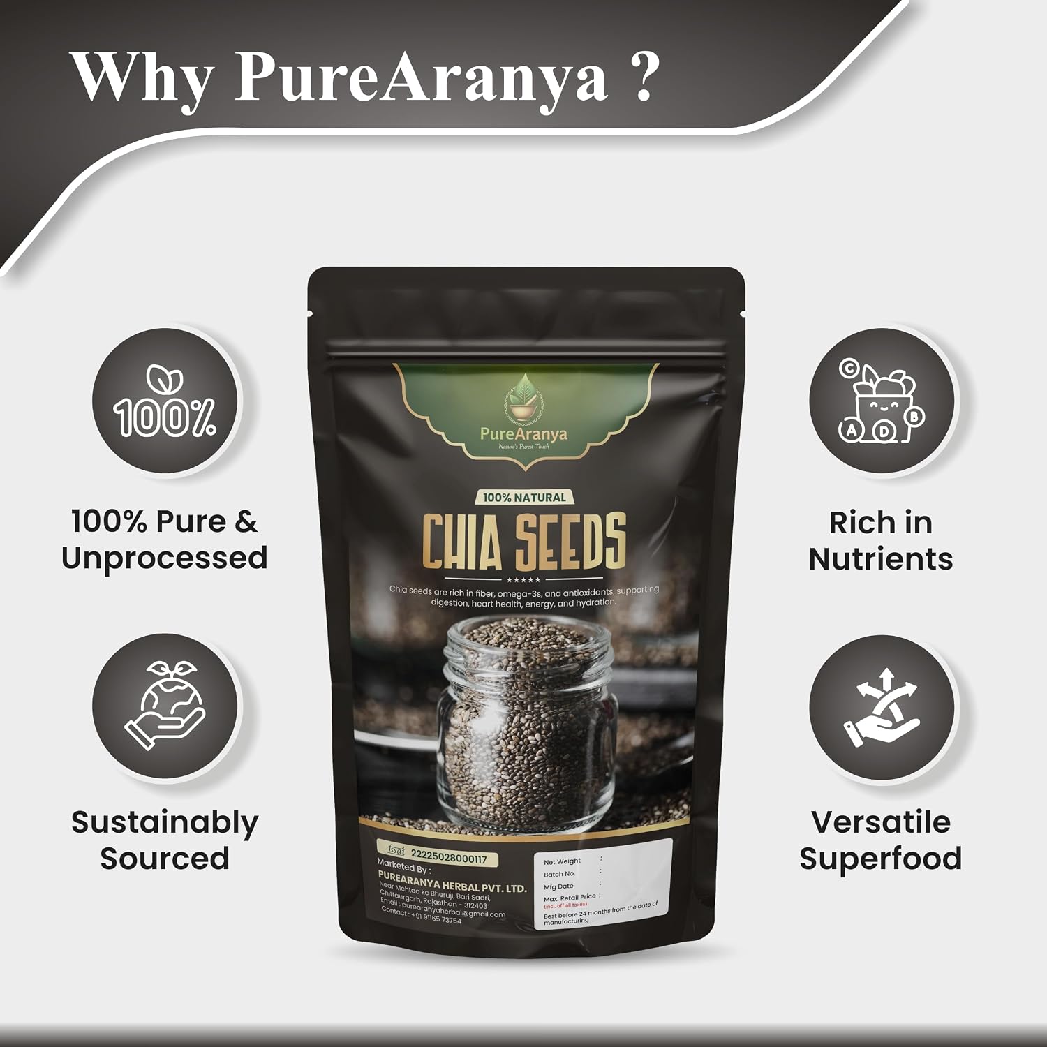 PureAranya Chia Seeds, 100% Natural Whole Seeds, Premium Quality for Baking, Smoothies and Cooking, No Additives, Resealable Pack (18 Oz)