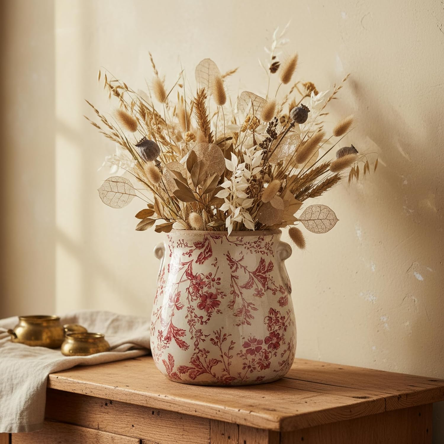 Antique Ceramic Planter & Vase for Home Decor, 6.68 Inch Rustic Farmhouse Flower Pot with Drainage Hole for Indoor Plants, Vintage Decoration for Bookshelf & Tabletop, Unique Gifts for Women (Red)