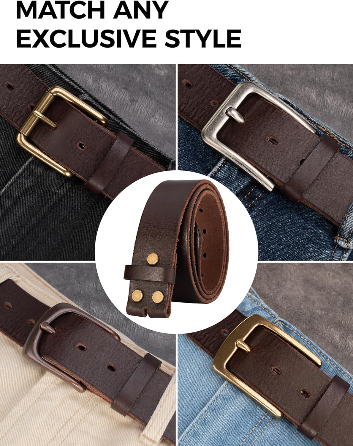 No Buckle Full Grain Leather Belt Men Women Fits With 1.5 Inch Buckle - Image 6