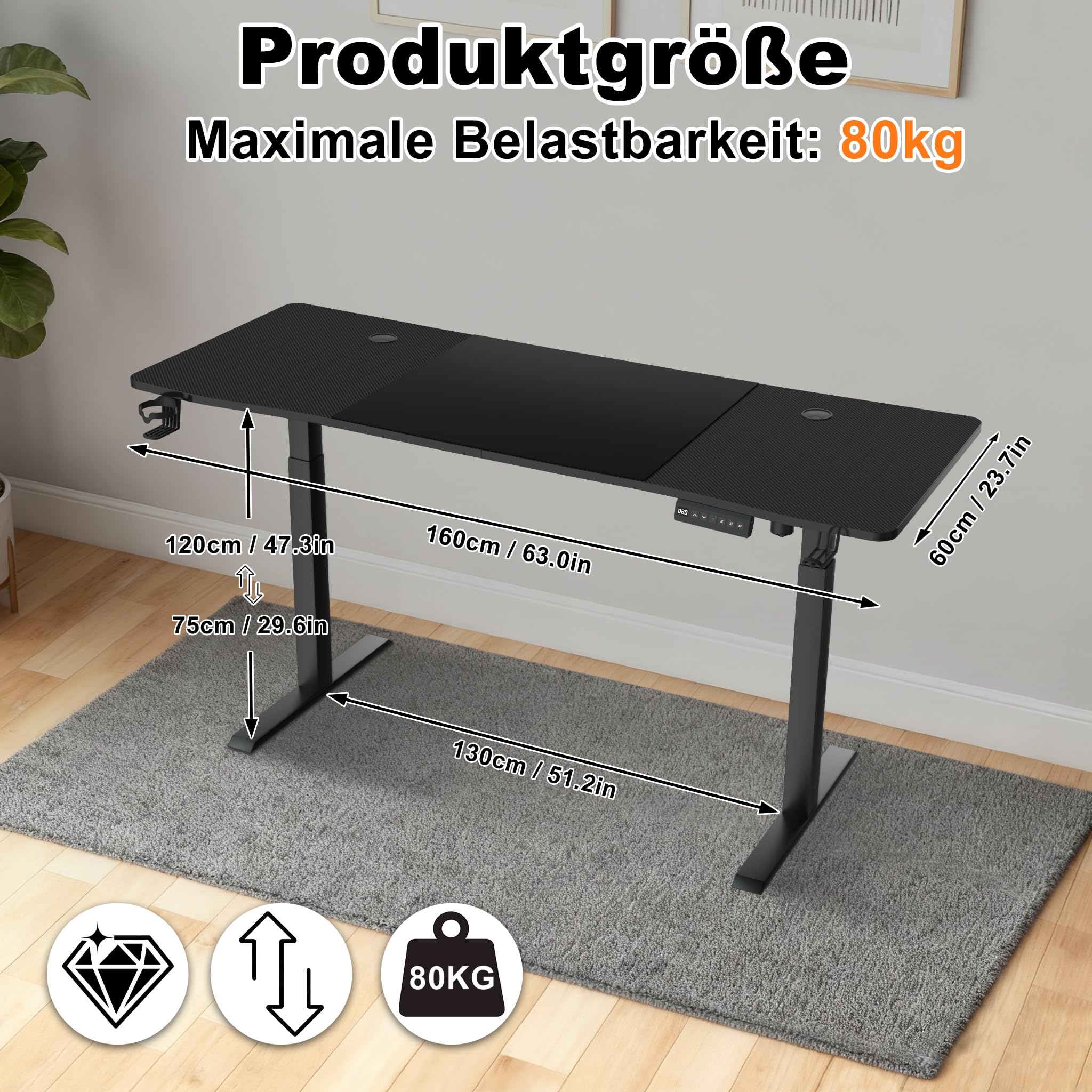 Froadp Höhenverstellbarer Schreibtisch 160x60cm Elektrischer Computertisch mit Memory-Funktion und Type C Ladeanschluss Verstellbarer Tisch Büro- und Gaming-Schreibtisch Schwarz, Tragkraft 80kg