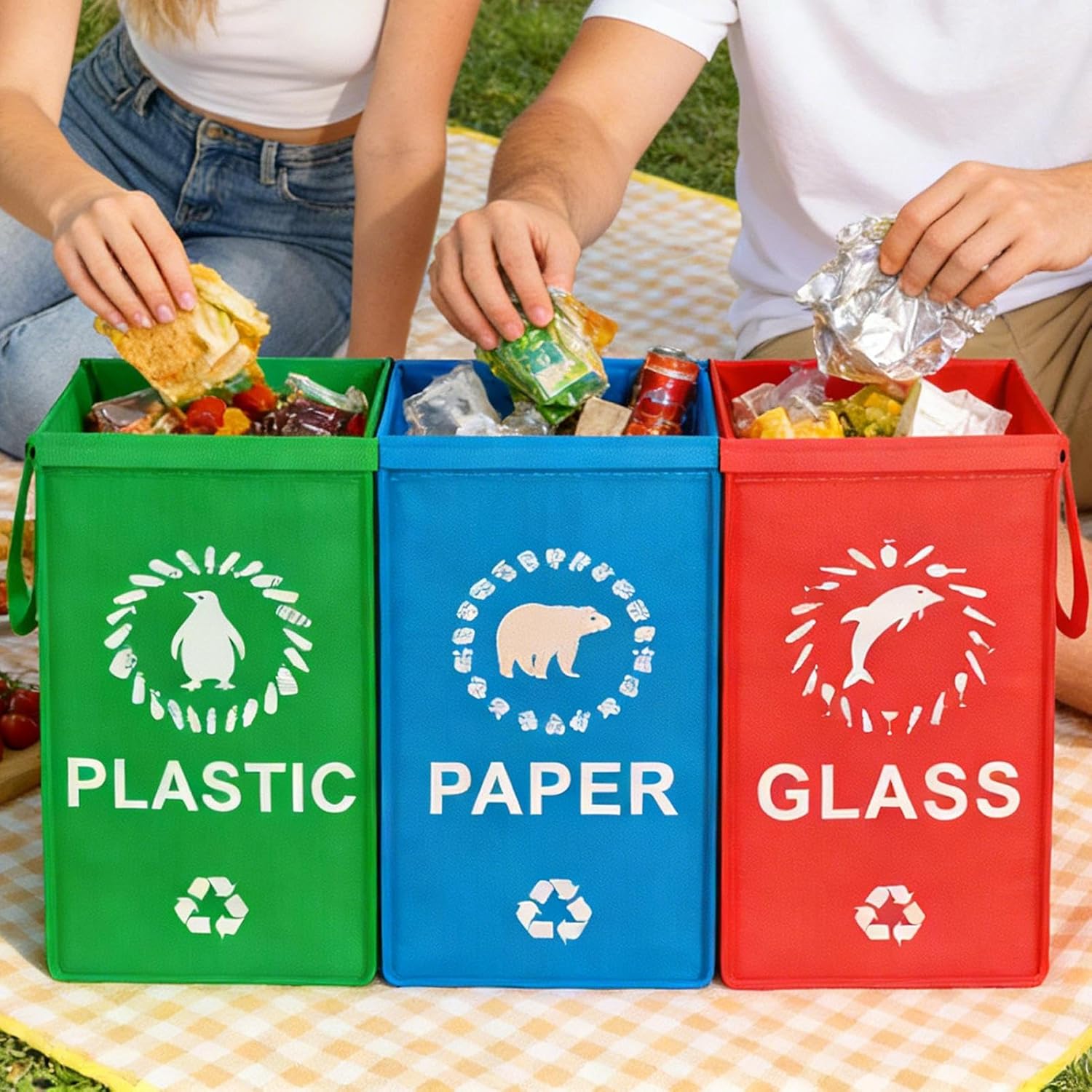 Reusable Trash Bag - Heavy Duty Woven Basket, 3 Pieces Waterproof Recycle Bags with Handle, Authentic Reusable Trash Bag, Bags for Home Kitchen Office, Lawn Indoor Cans Use