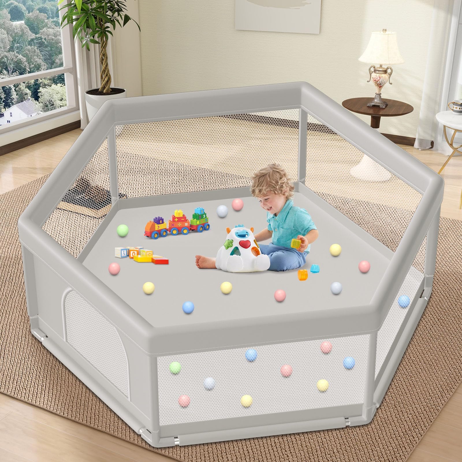 Large Baby Playpen 65x65 Inch, Play Pens for Babies and Toddlers Hexagonal Type Baby Play Yards for Indoor & Outdoor with Breathable Mesh Anti-Fall