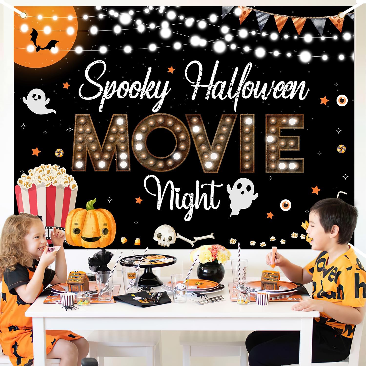 Spooky Halloween Movie Night Backdrop Orange Black Halloween Party Decorations Skeleton Pumpkin Popcorn Movie Night Photography Background for Children Adult Halloween Party Decor Supplies 7x5ft