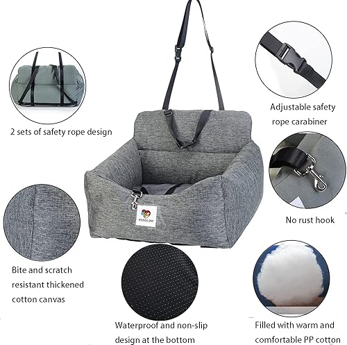 Miniatura 3 de Asiento de coche para perros pequeños, ambos lados con bolsillos de almacenamiento, cama de viaje extraíble para perro, asiento elevador para