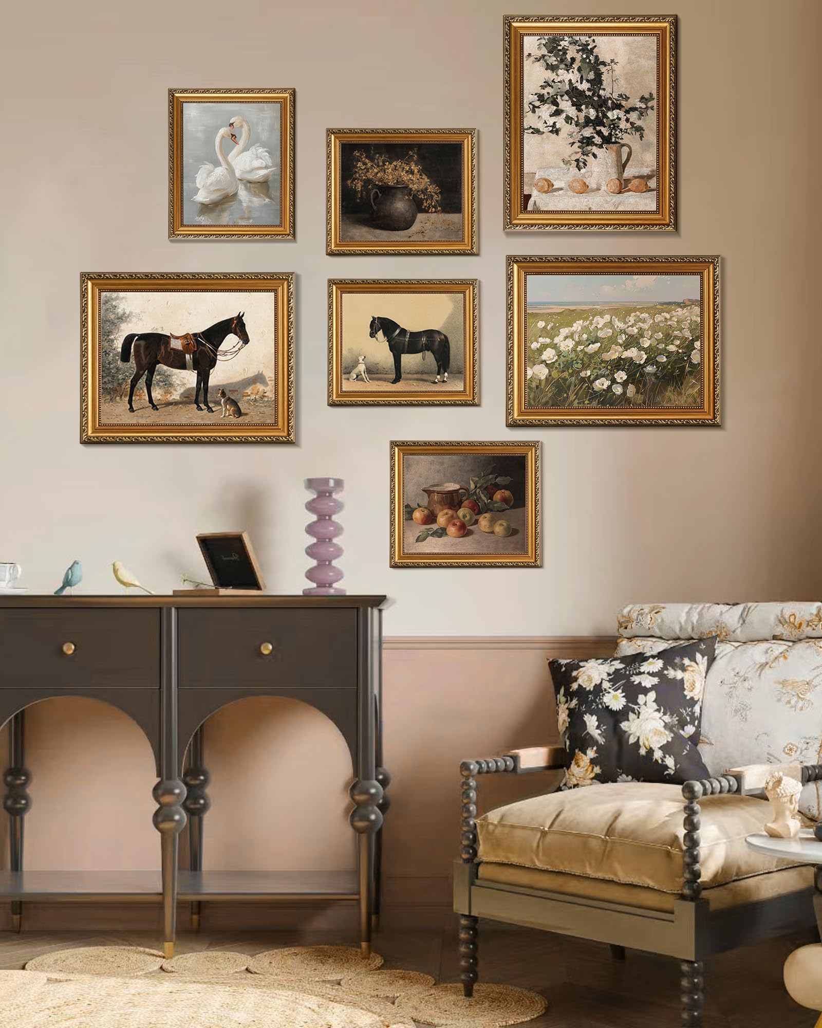 Wandkunst, Vintage-Stil, goldgerahmt, Bauernhaus, Wildblumenfeld-Landschaft, Leinwanddruck, Kunstwerk mit antikem abnehmbarem Rahmen, weißes Blumenfeld, Landschaftsbilder für Schlafzimmer, Küche