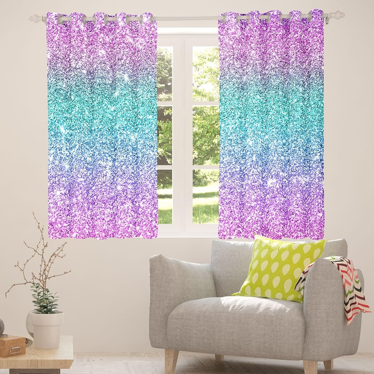 Feelyou Teal Pink Glitter Curtains for Girls Bedroom Rod Pocket Kids Sparkle Mermaid Curtains Girly Turquoise Pastel Window Treatment Drapes 52W x 63L Inches 2 Panels (No Glitter)