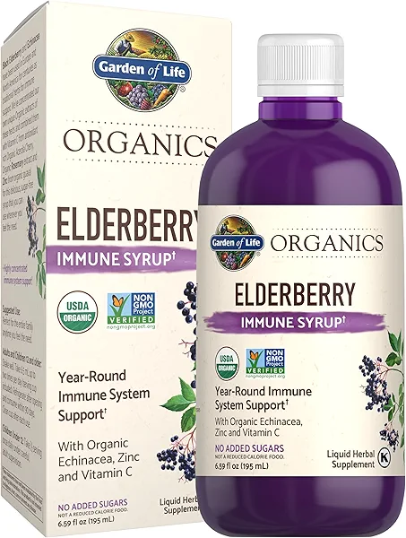 Garden of Life Organics Plant Based Elderberry Immune Syrup 6.59 floz (195 mL) for Kids & Adults - Sambucus, Echinacea, Zinc & Vitamin C, 0g Sugar, Organic Vegan Gluten Free Herbal Supplemen
