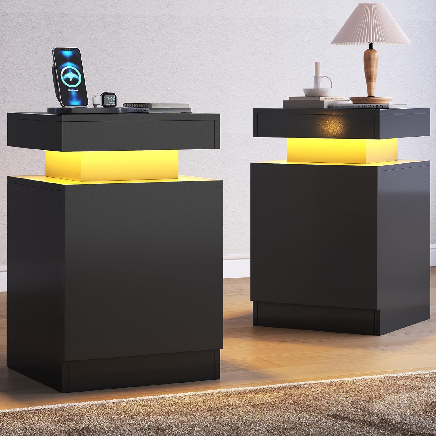 MXV Nightstand Set of 2 with LED Lights,Night Stand with Storage Cabinet for Bedroom,Bedside Table with LED (Black, 15IN)