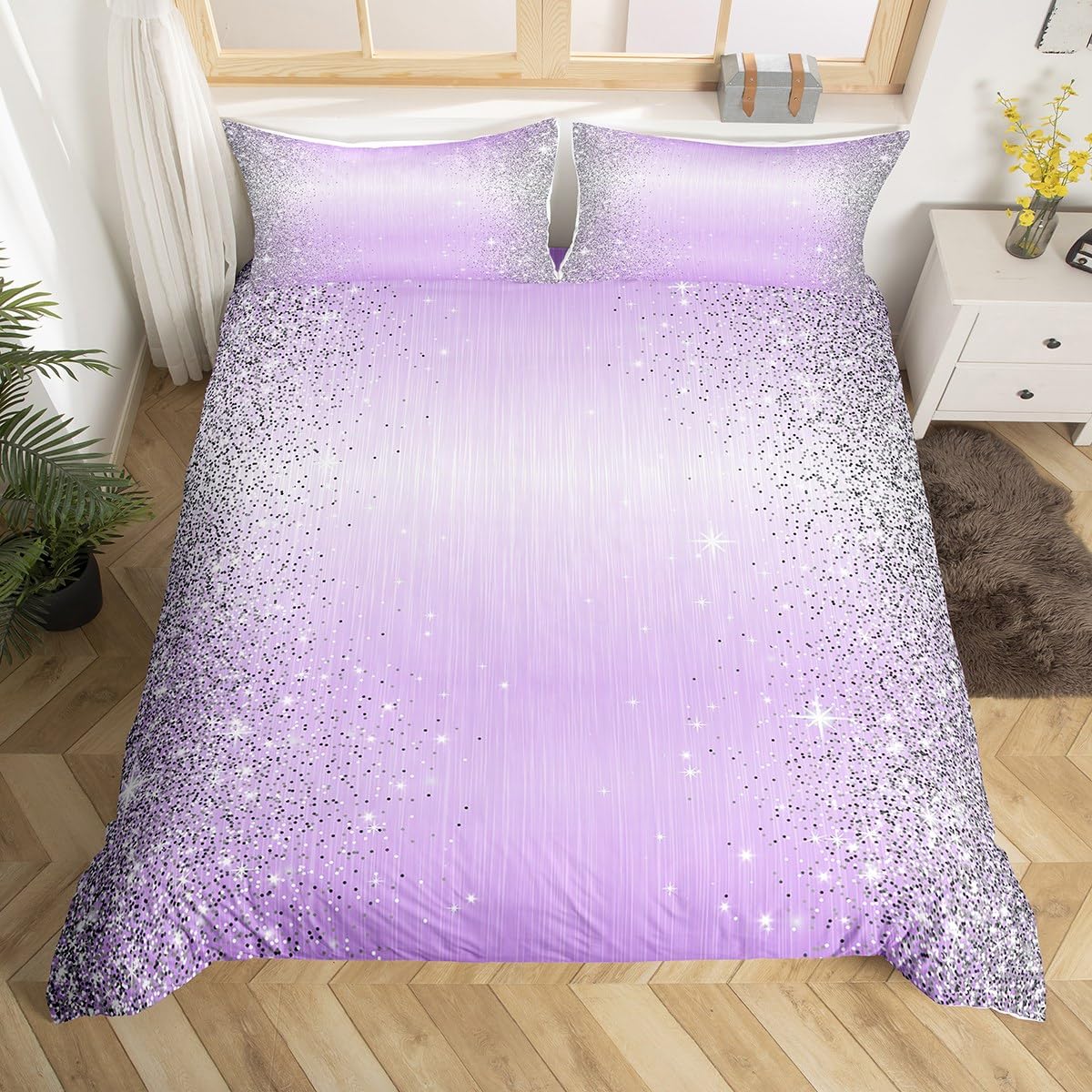 Glitter Duvet Cover Set Double Size, Sliver Grey Sequins Sparkling Comforter Cover with 2 Pillowcases, Fashion Lilac Abstract Glitter Print (No Glitter) Bedding Set 3pcs for Kids Girls Room Decor