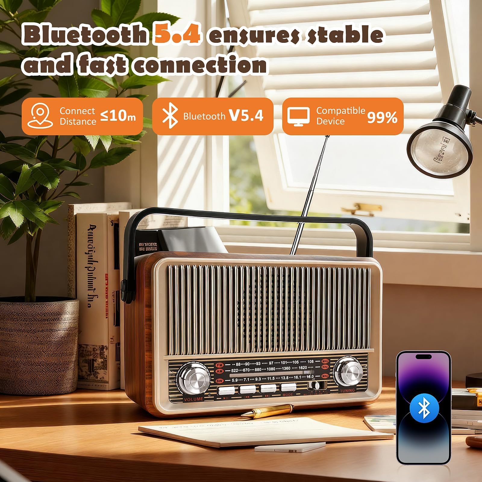 Radio Vintage Bluetooth Altoparlante Portatile con Lettore USB/TF/AUX Batteria Ricaricabile