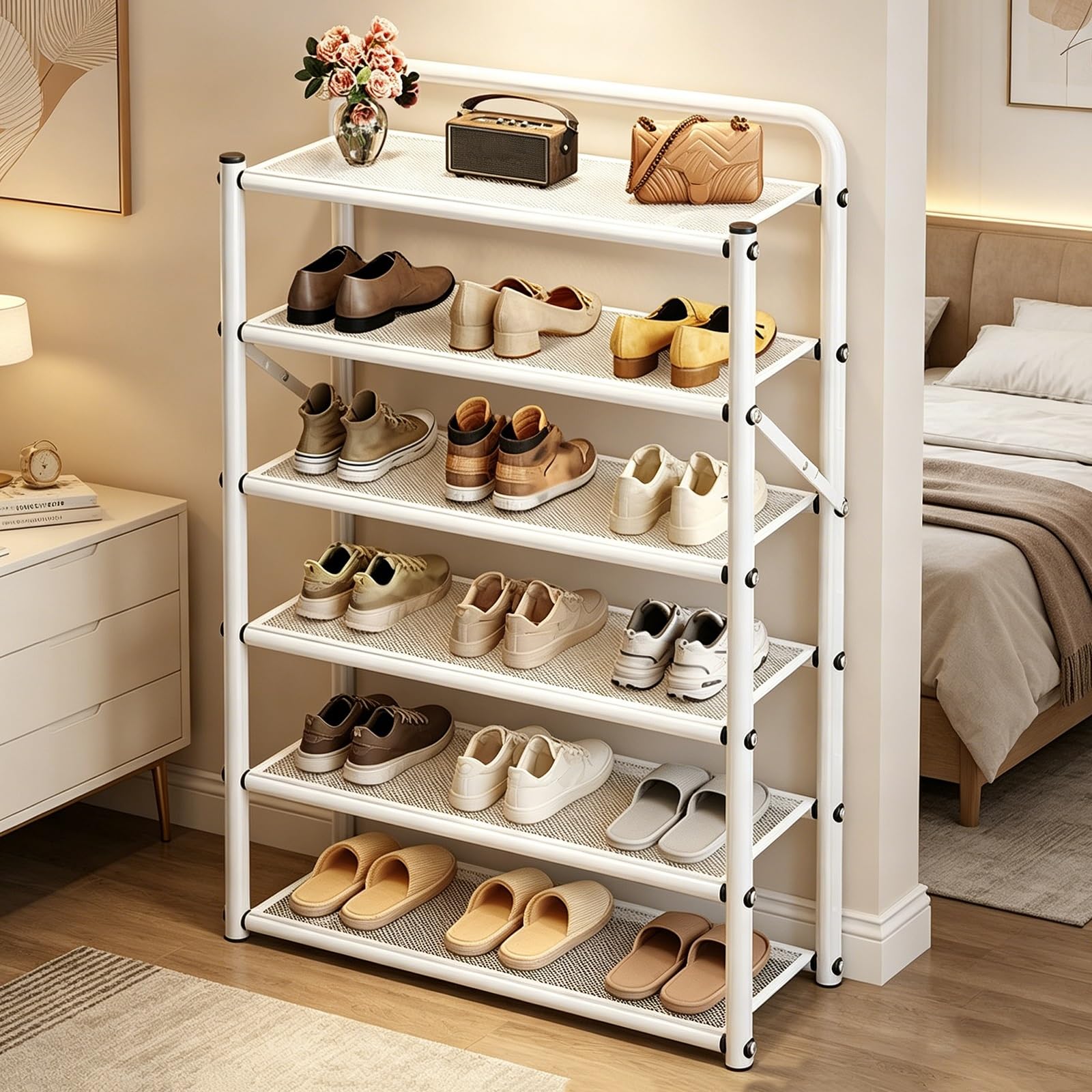 Étagère à chaussures pliante à 6 niveaux sans assemblage structure triangulaire blanche