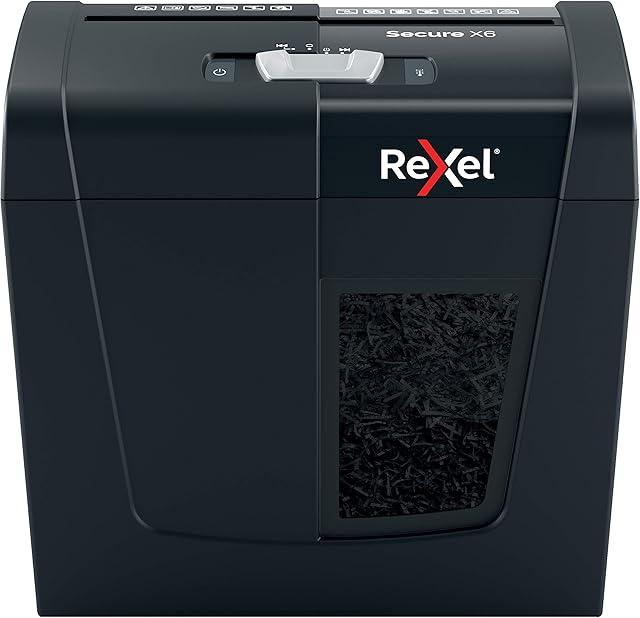 Rexel X6 Cross Cut Paper Shredder, Shreds 6 Sheets, P4 Security, Home/Home Office, 10 Litre Removable Bin, Quiet and Compact, Secure Range, 2020122, Black