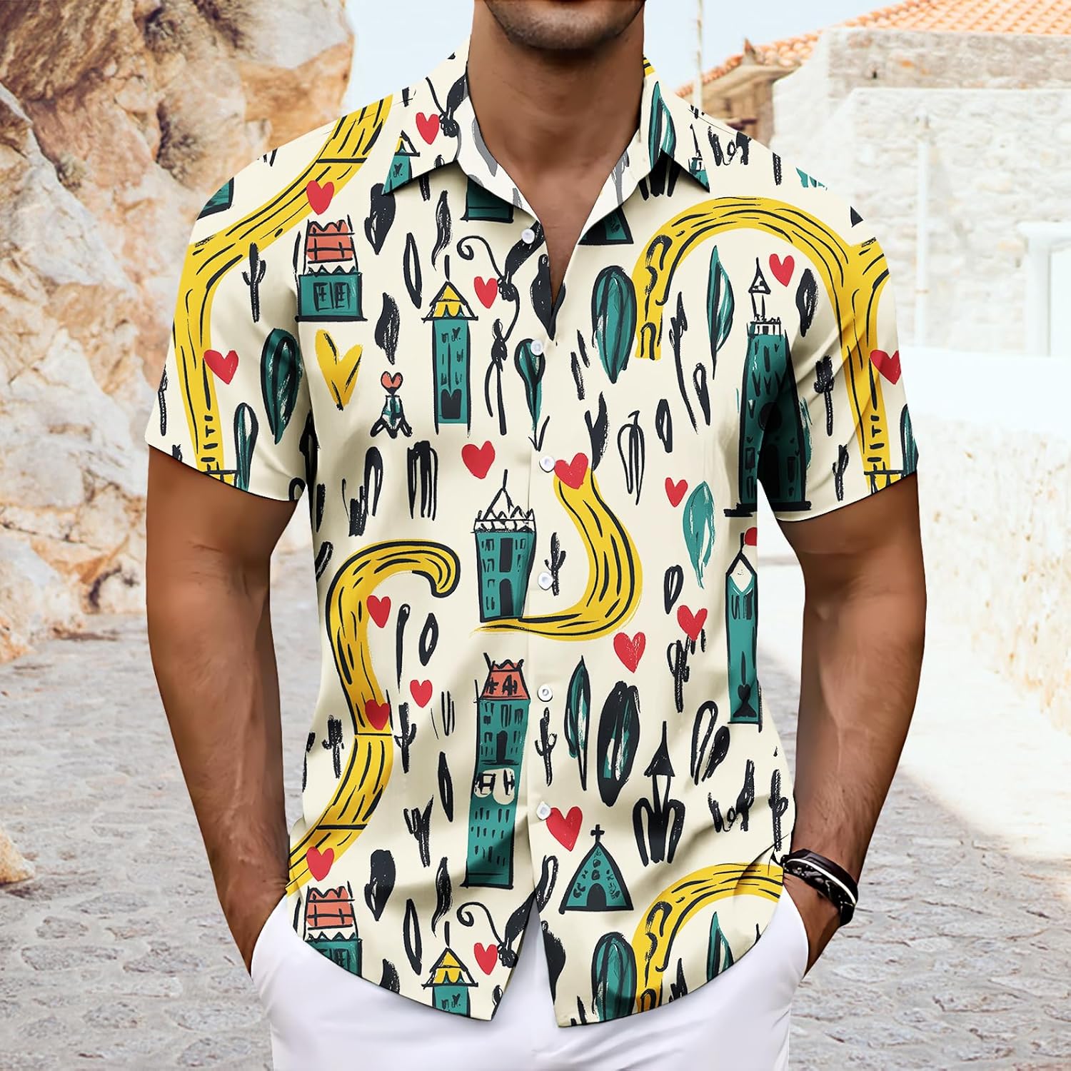 Men's Button Down Shirts Casual Loose Fit Graffiti Short Sleeve Blouses Summer Beach Vacation Shirts - Image 2