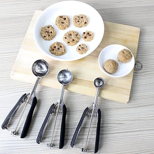 Miniatura 8 de Juego de 3 cucharas de helado para hornear, cuchara de melón Baller con mango anticongelante, cuchara de acero inoxidable con gatillo, dispensador