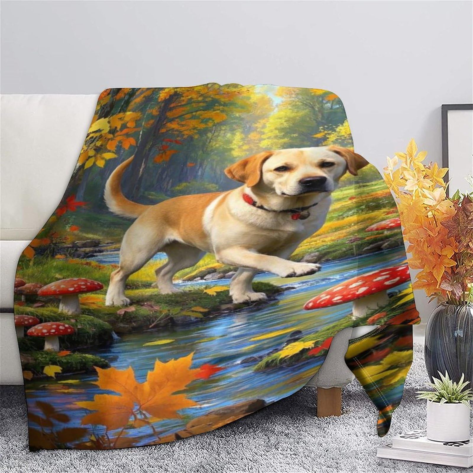 Chien Labrador Retriever Couverture en Flanelle Polaire 3D Motif Couverture De Canapé Forêt d'automne Confortable Et Respirante pour Canapé Et Salon 70x80inch(180x200cm)