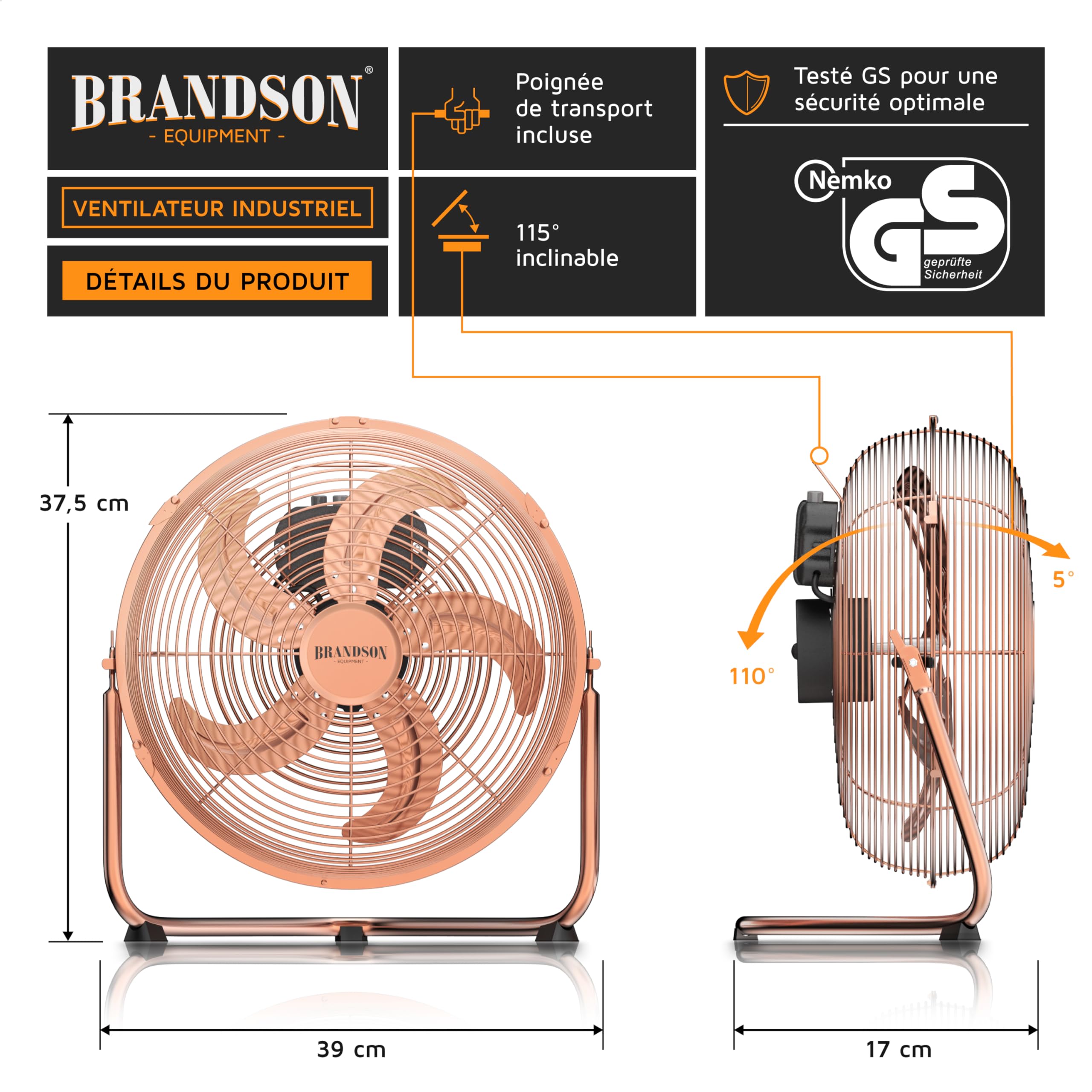 Brandson Ventilateur de Sol Design Rétro sur Pied de 30 cm - Métallique 3 Vitesses (Faible, Moyenne, Haute) - Débit d'air Élevé - Inclinable à 120° - Cuivré