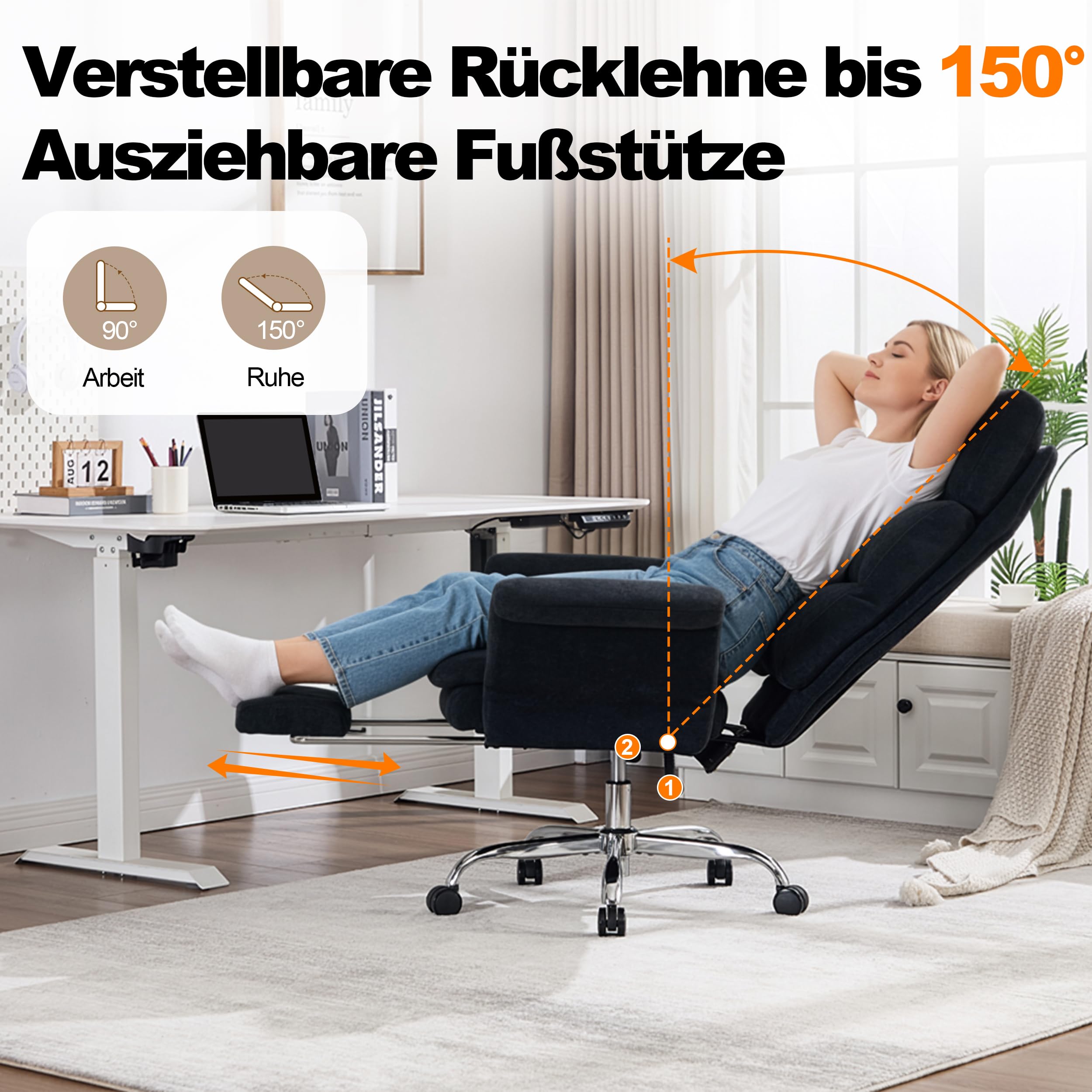UEV Bürostuhl Ergonomisch mit Fußstütze bis 226kg,Drehstuhl schwarz | klappbare Armlehnen,Dicker Sitzpolsterung,Verstellbarer Kopfstütze,Schreibtischstuhl für schneidersitz,Computerstuhl