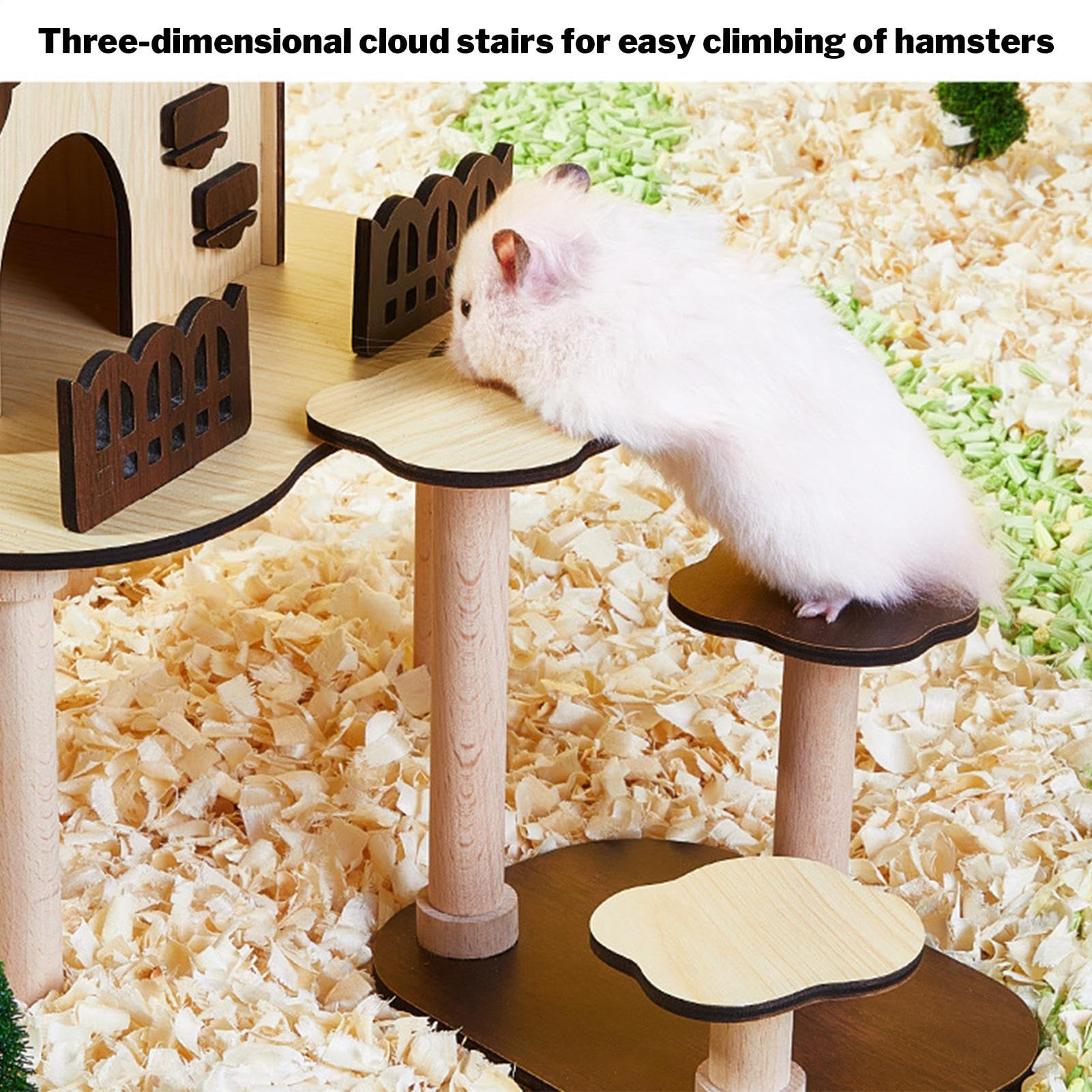 Hamsterhütte Holz Hamsterhaus Labyrinth mit Treppenzaun | Villa Bett Deko Käfig Zubehör für Zucht Zuhause Schlafen Stress Zwergmäuse Spieltier Kleintiere