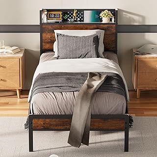 KUTAS Bett 90 x 200 cm, Bettgestell 90 x 200 mit Stauraum-Kopfteil & LED-Lichtern, Metallbett mit 3 USB & 1 Typ-C, 14 Reihen Metalllatten & ohne Boxspringmatratze, Stauraum unter dem Bett, Braun