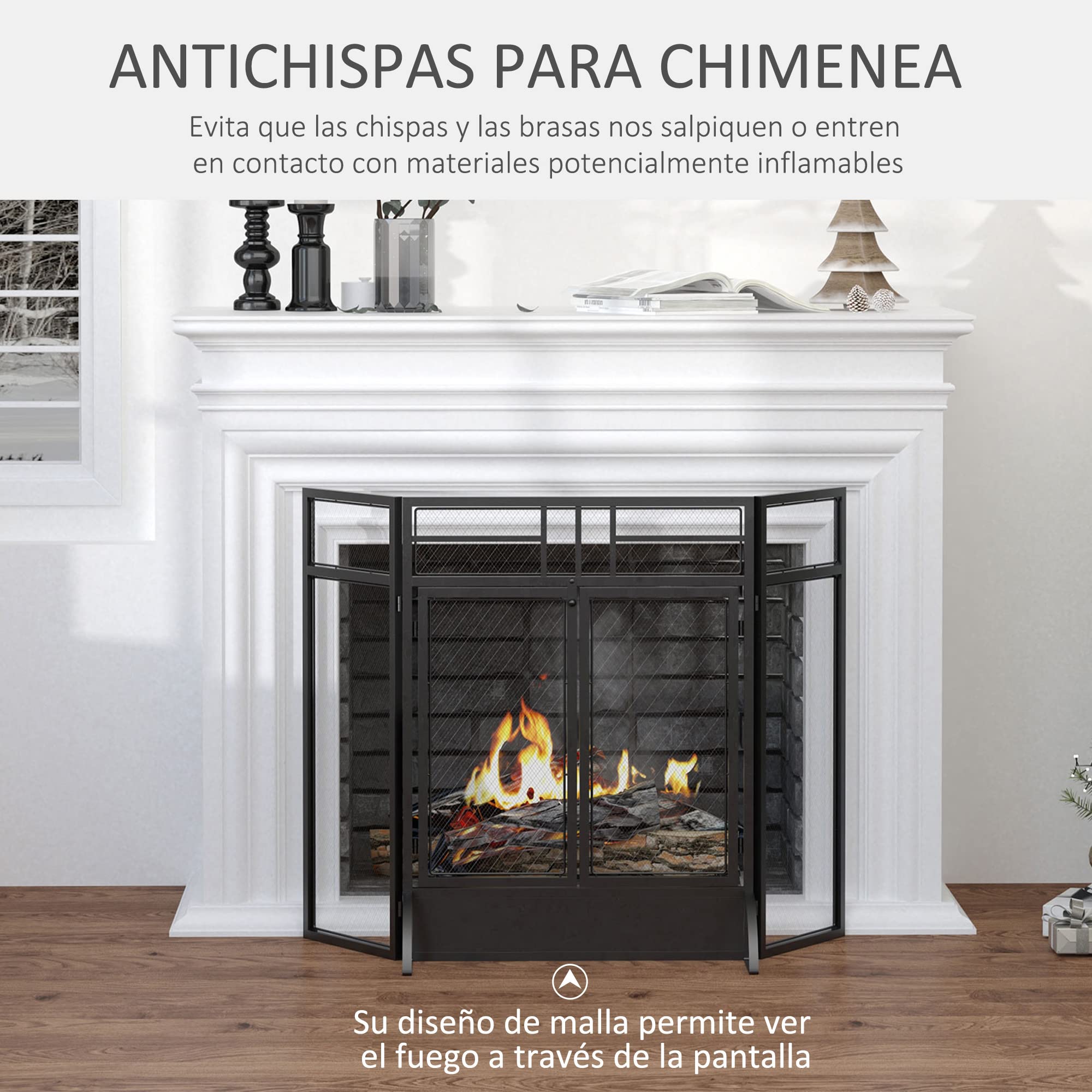 HOMCOM Salvachispas Plegable Pantalla Protectora de Chimenea de 3 Paneles con Doble Puerta y Pies Adicionales 120x11,5x79 cm Estructura de Metal Negro
