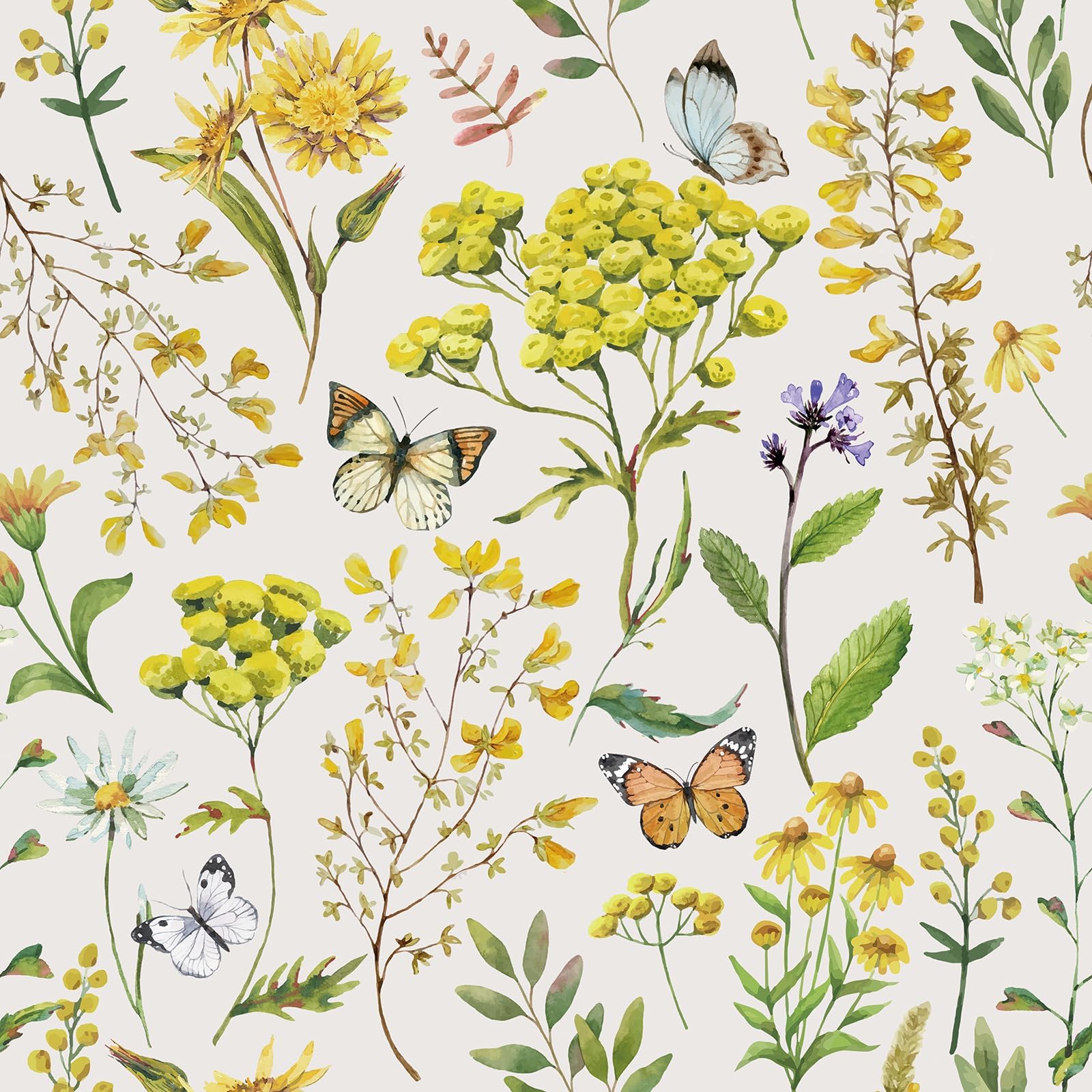 Decotalk Papier Peint Adhésif Mural Motif Papillon et Fleurs 44.5cmX900cm Vinyle Adhésif Jaune Adhesif Mural Decoratif Salon Chambre Vinyle Adhesif Fleurs Film Autocollant Meuble Armoire Mur